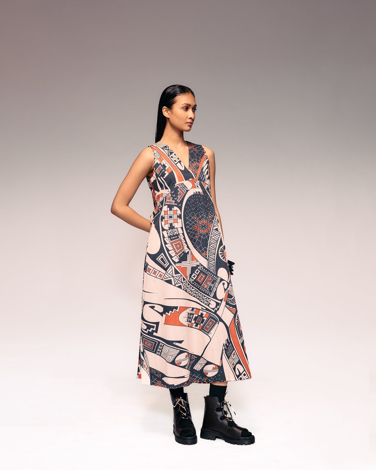 Rust Print V Neck Midi Dress