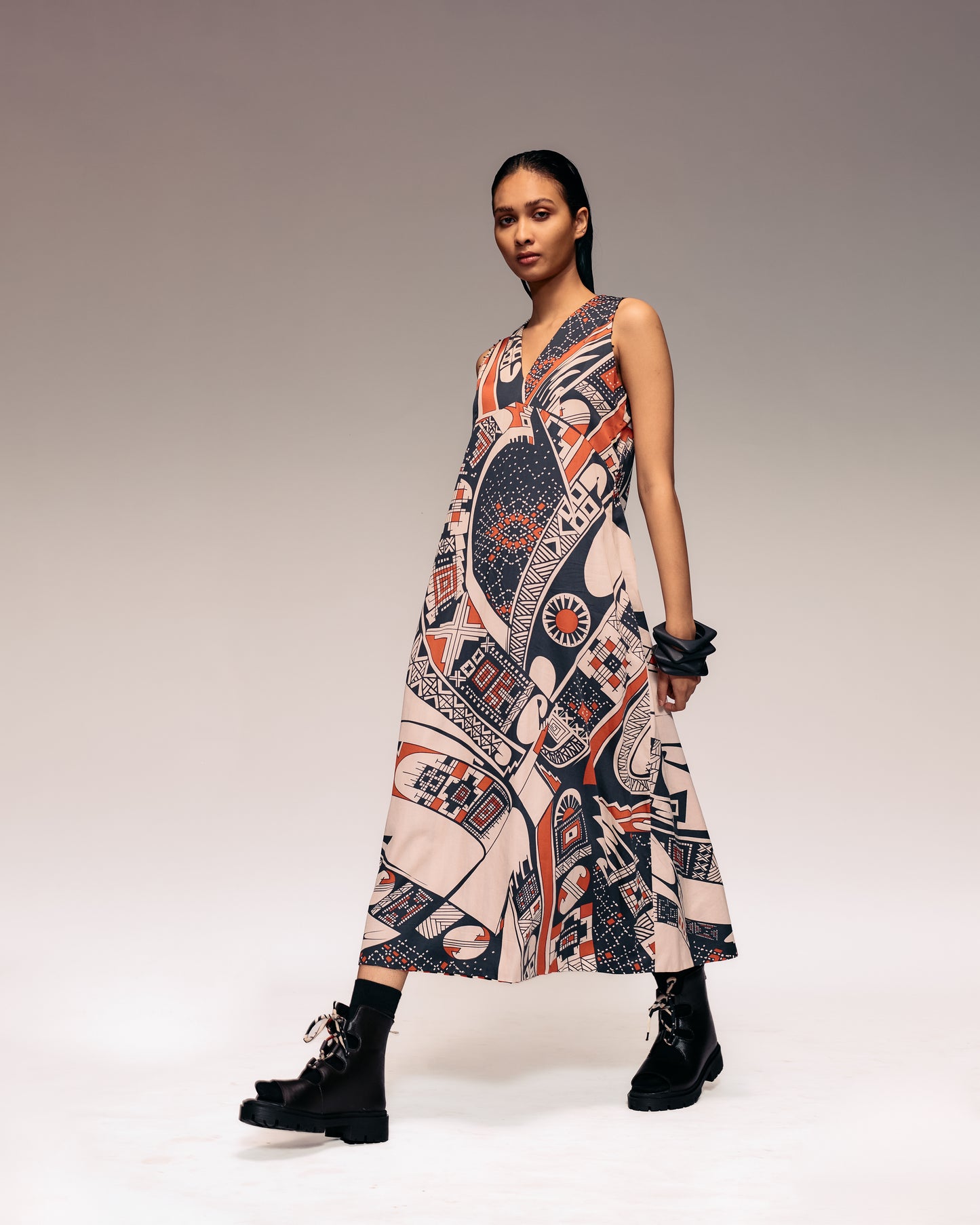 Rust Print V Neck Midi Dress