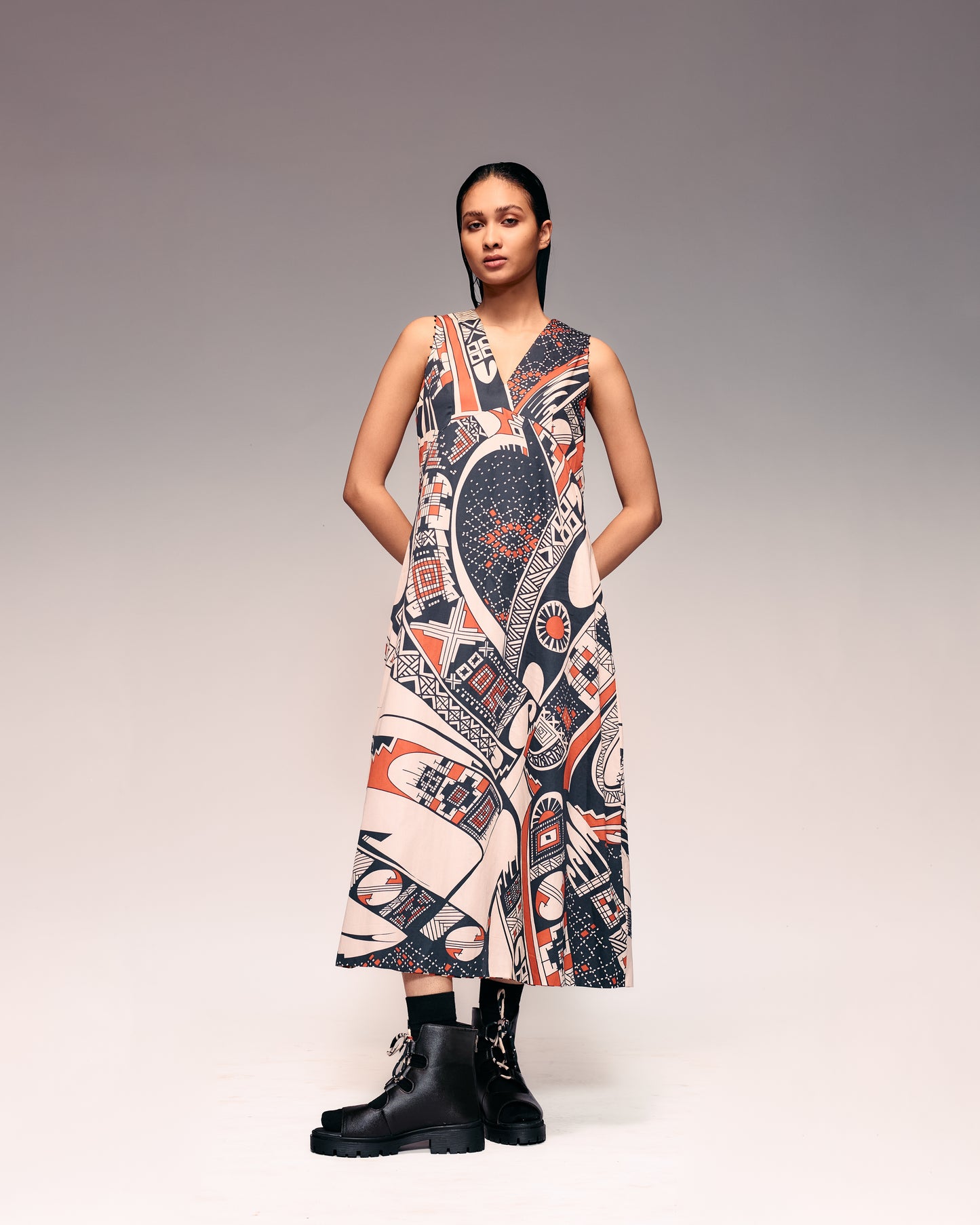 Rust Print V Neck Midi Dress