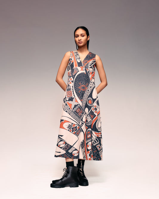 Rust Print V Neck Midi Dress