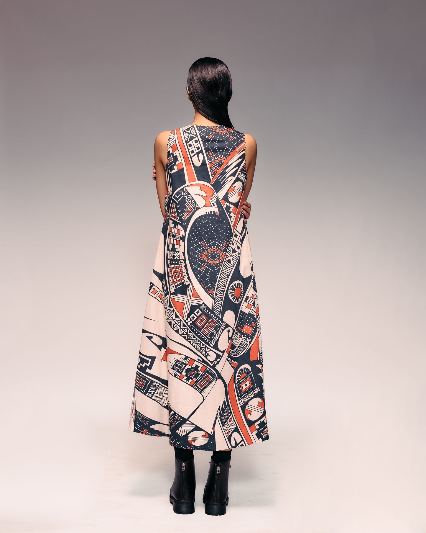 Rust Print V Neck Midi Dress