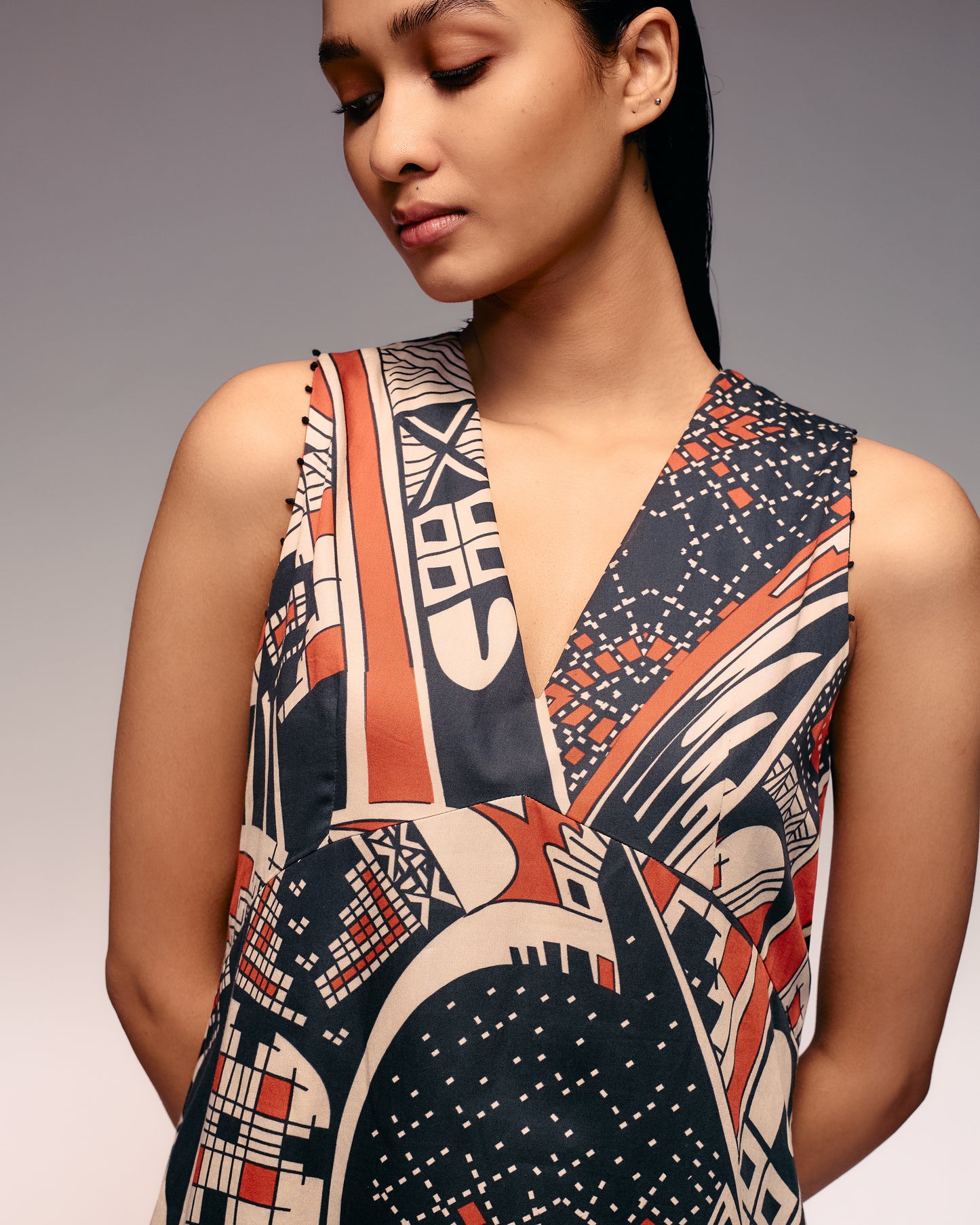 Rust Print V Neck Midi Dress