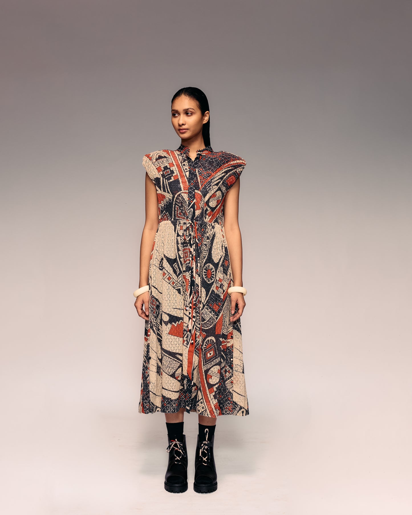 Rust Print Cotton Net Drawstring Dress