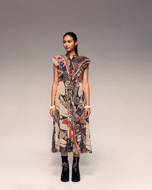 Rust Print Cotton Net Drawstring Dress