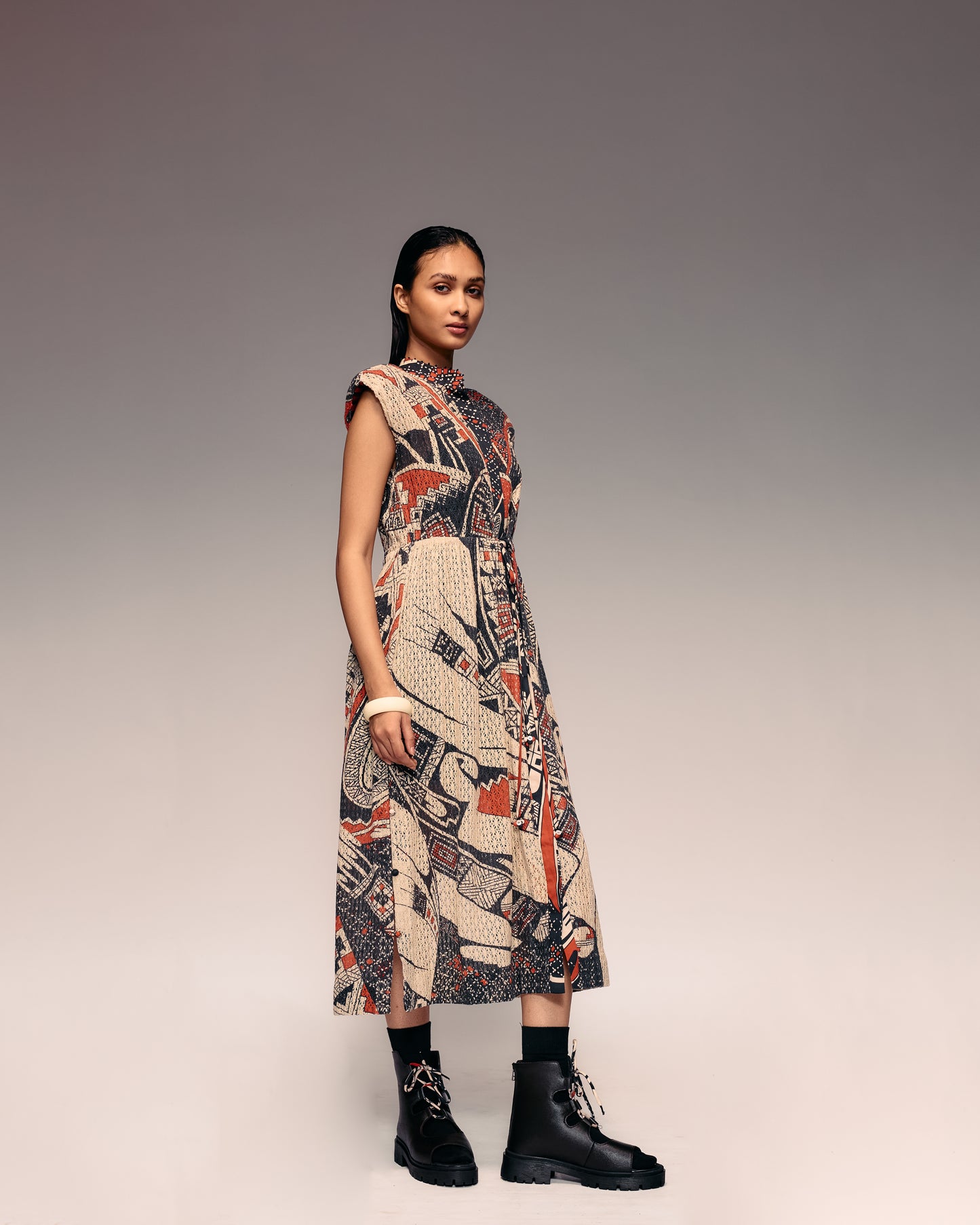 Rust Print Cotton Net Drawstring Dress