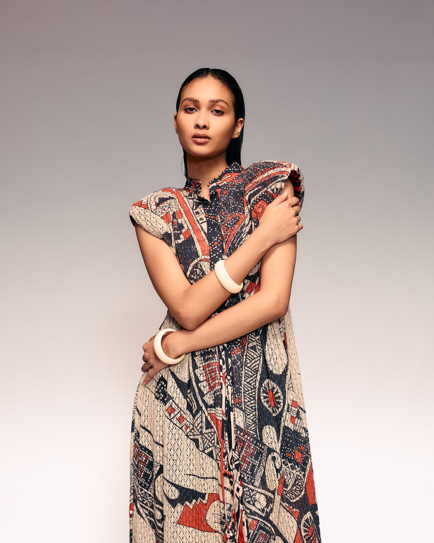 Rust Print Cotton Net Drawstring Dress