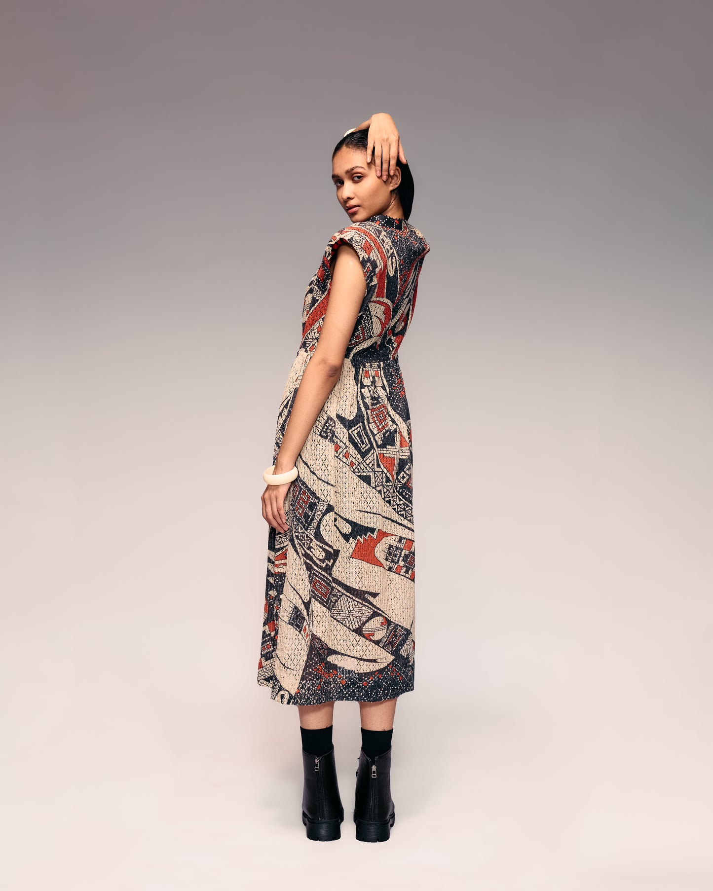 Rust Print Cotton Net Drawstring Dress