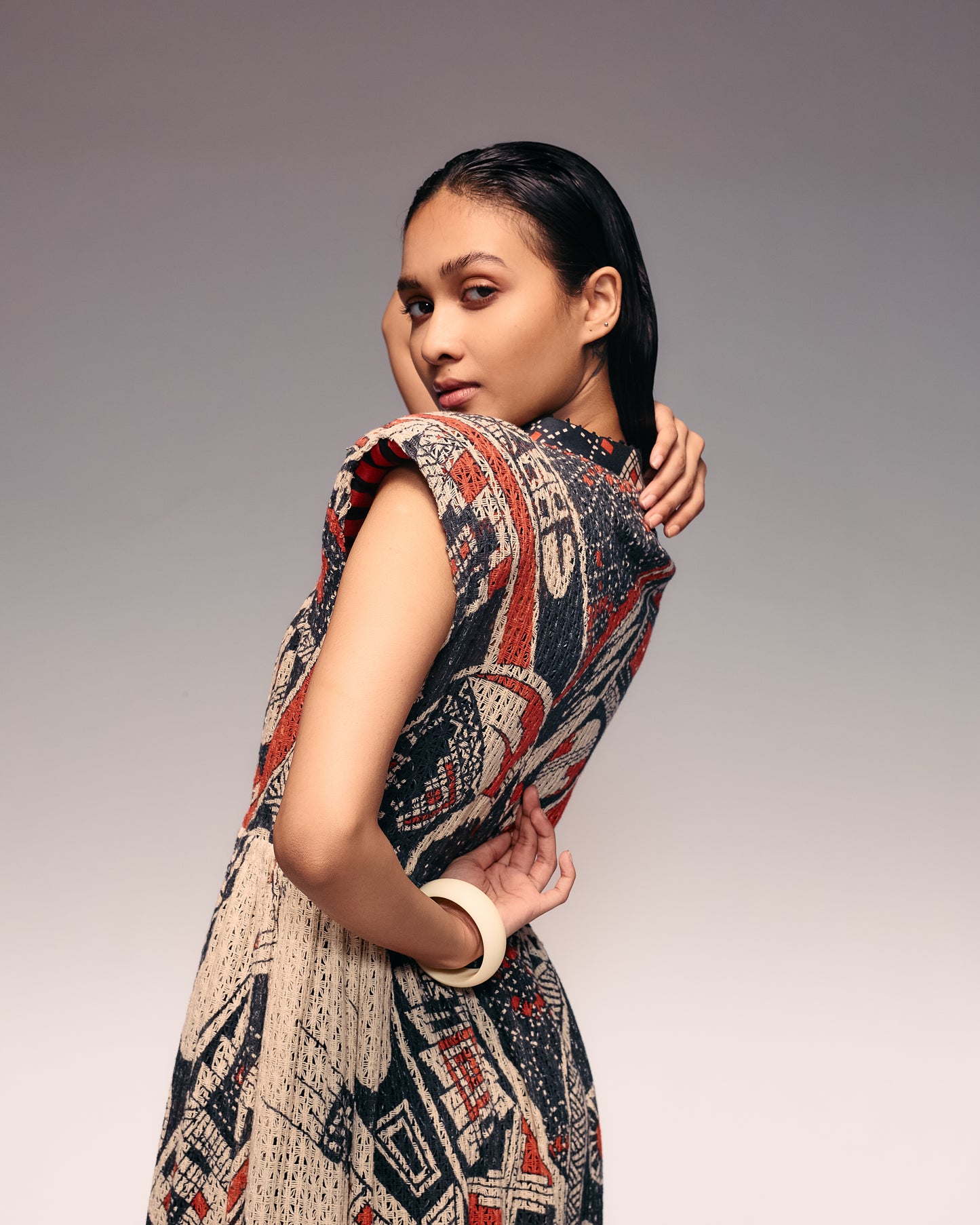 Rust Print Cotton Net Drawstring Dress