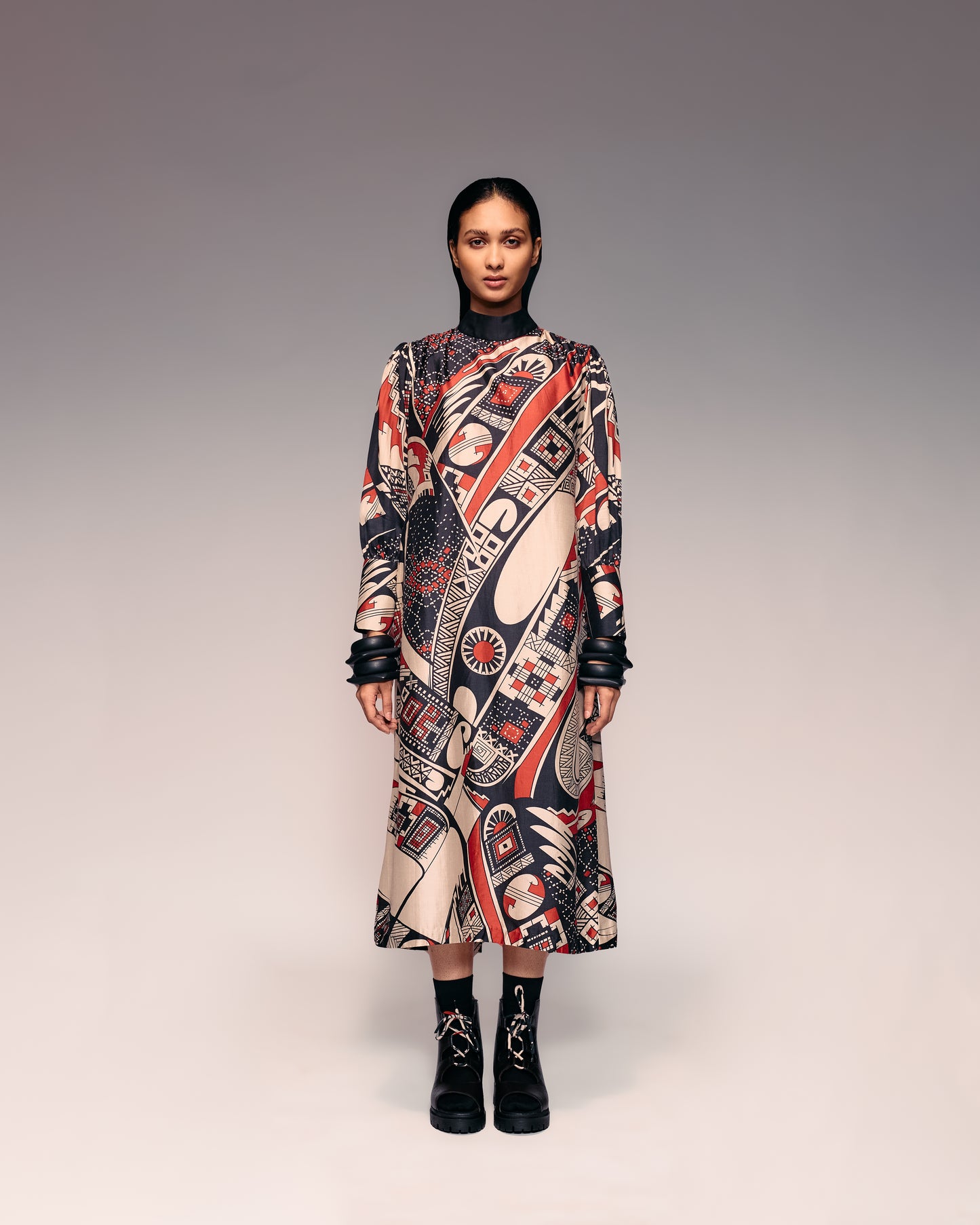 Rust Print Silk Midi Dress