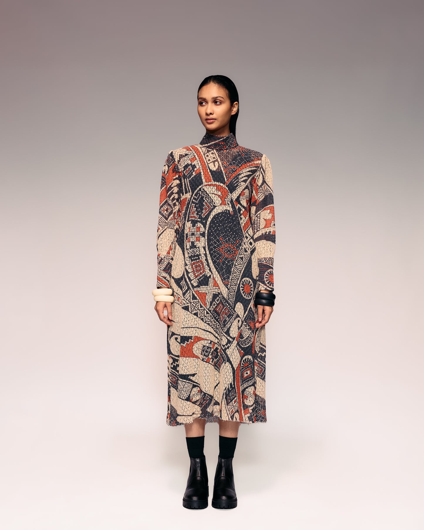 Rust Print Cotton Net Midi Dress