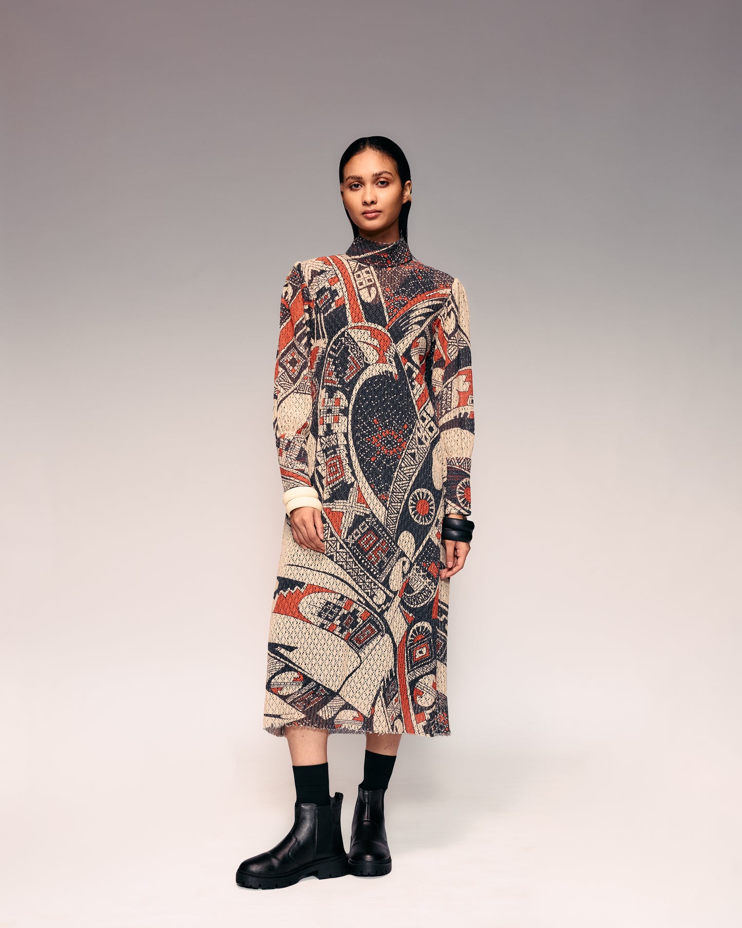 Rust Print Cotton Net Midi Dress