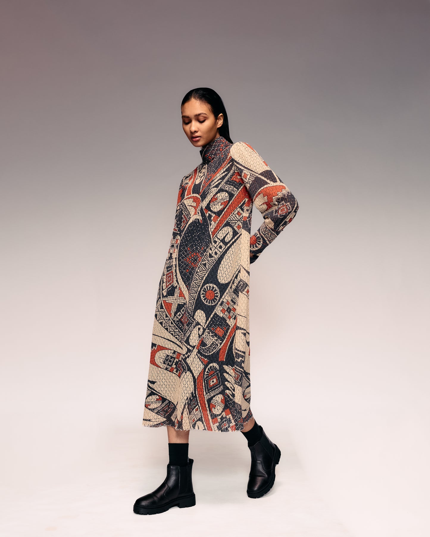 Rust Print Cotton Net Midi Dress