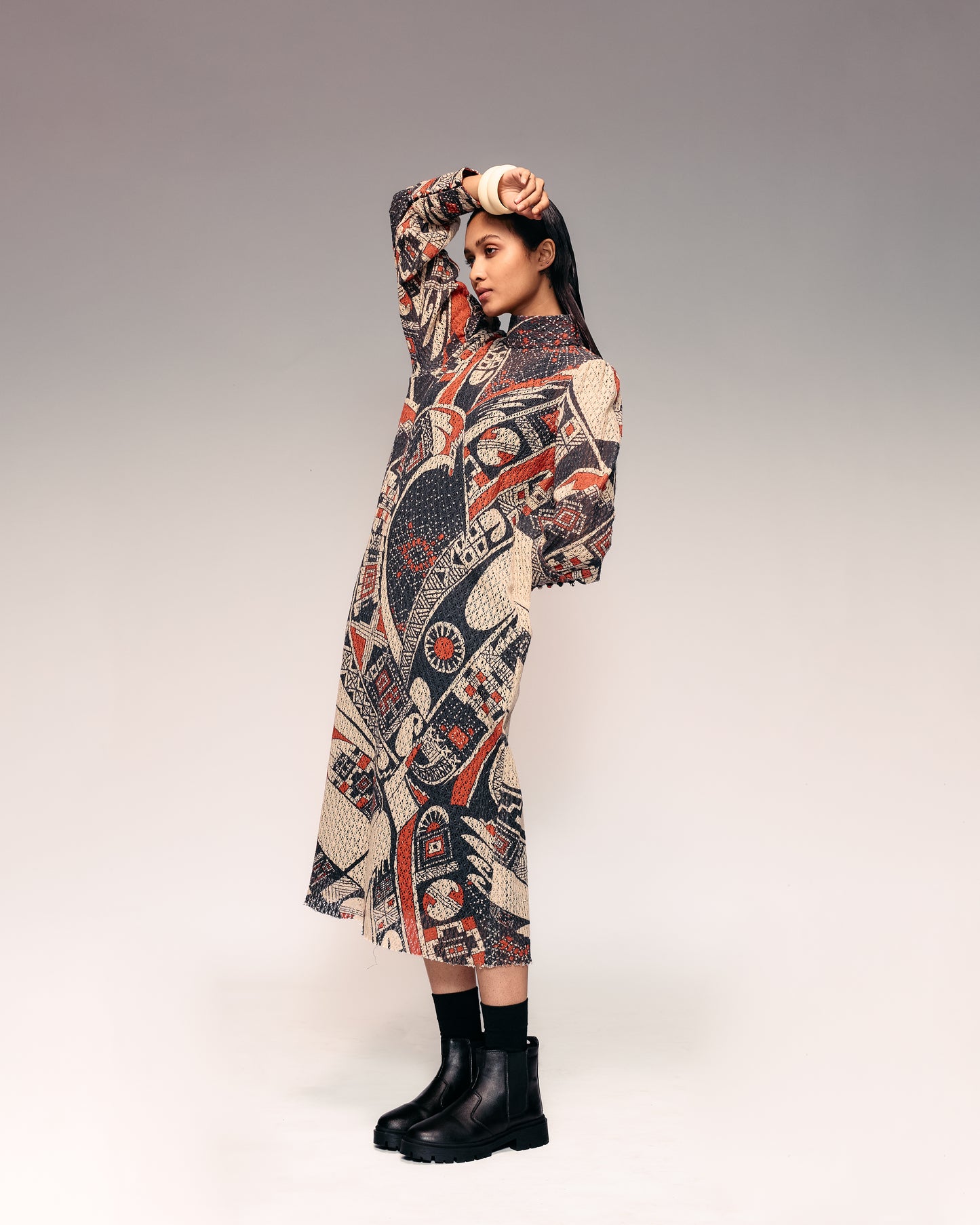 Rust Print Cotton Net Midi Dress