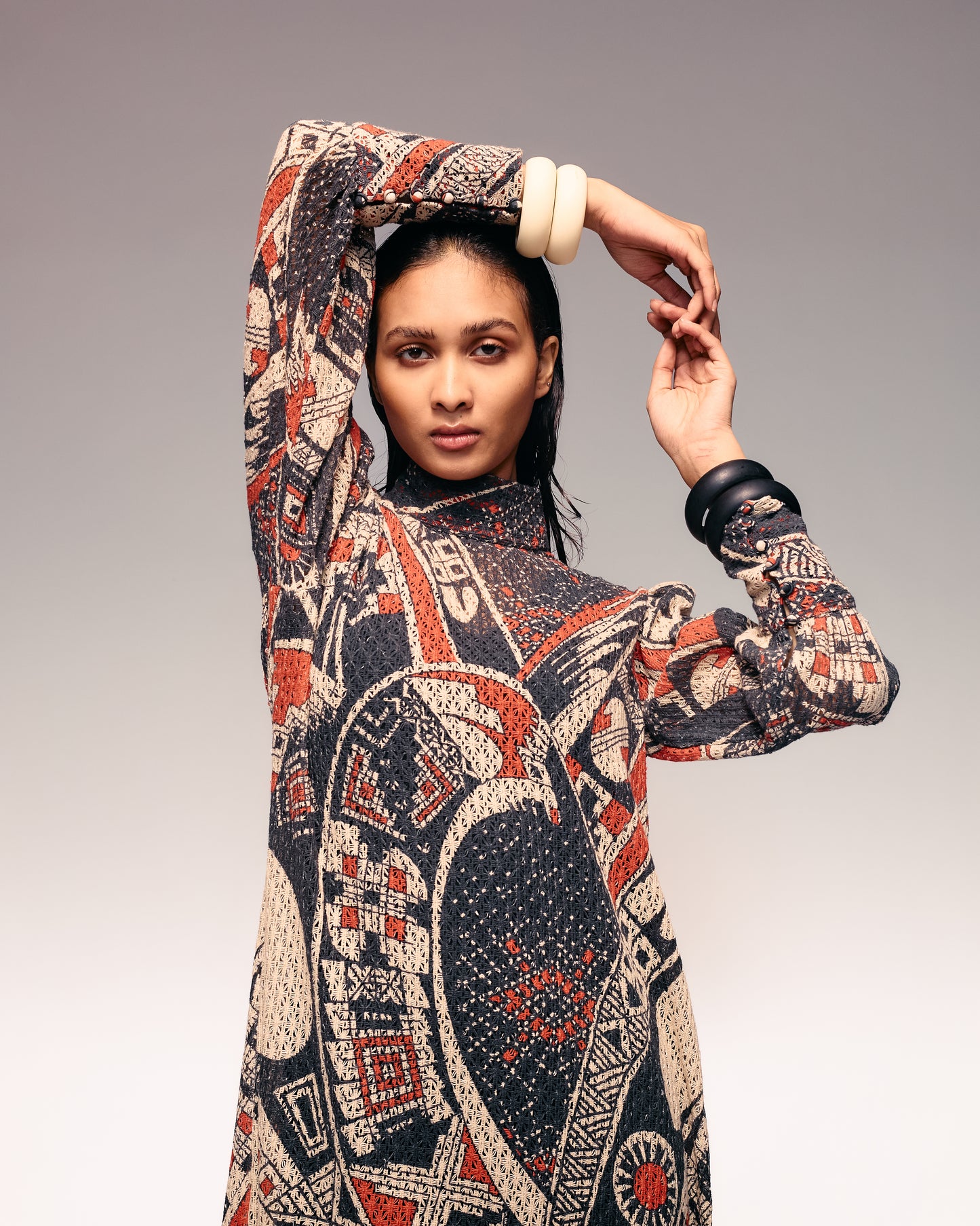 Rust Print Cotton Net Midi Dress