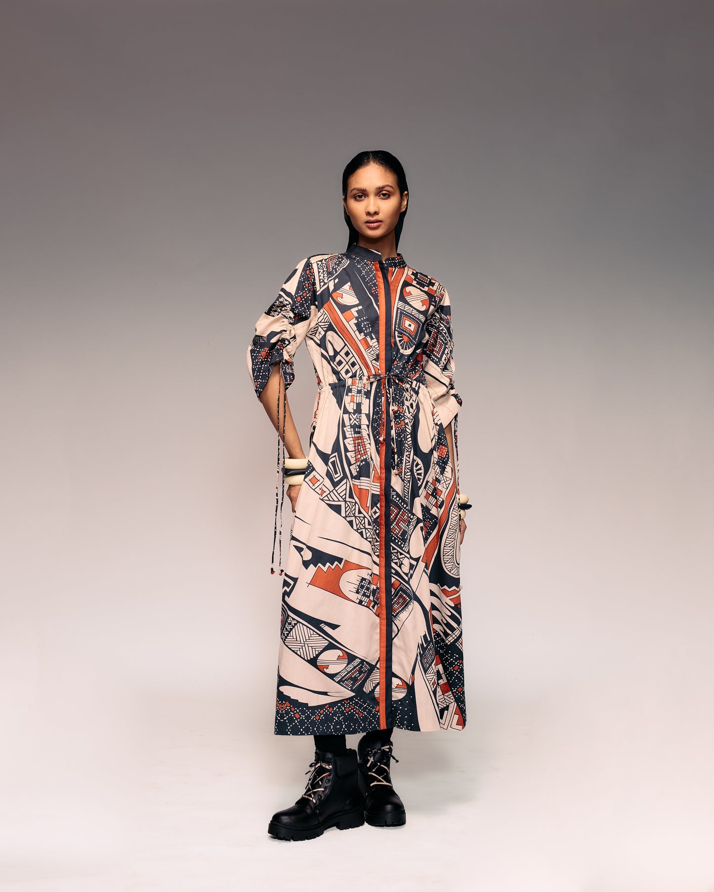 Rust Print Drawstring Dress