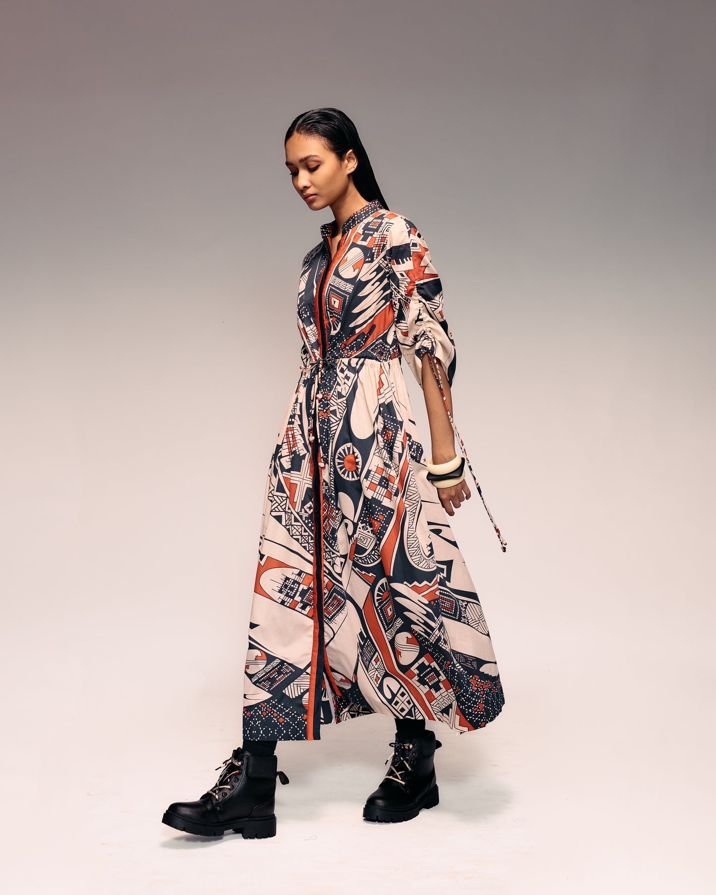 Rust Print Drawstring Dress