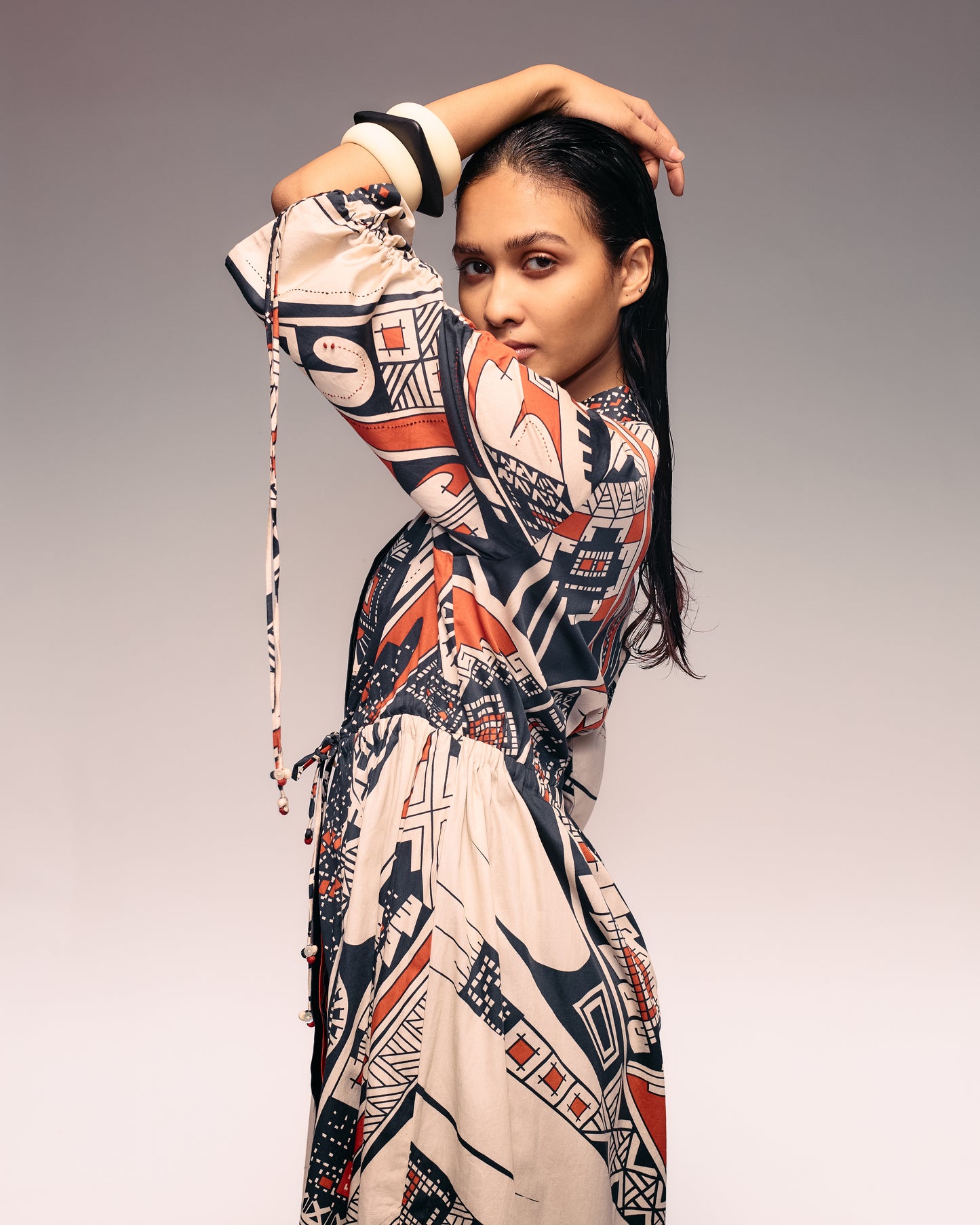 Rust Print Drawstring Dress