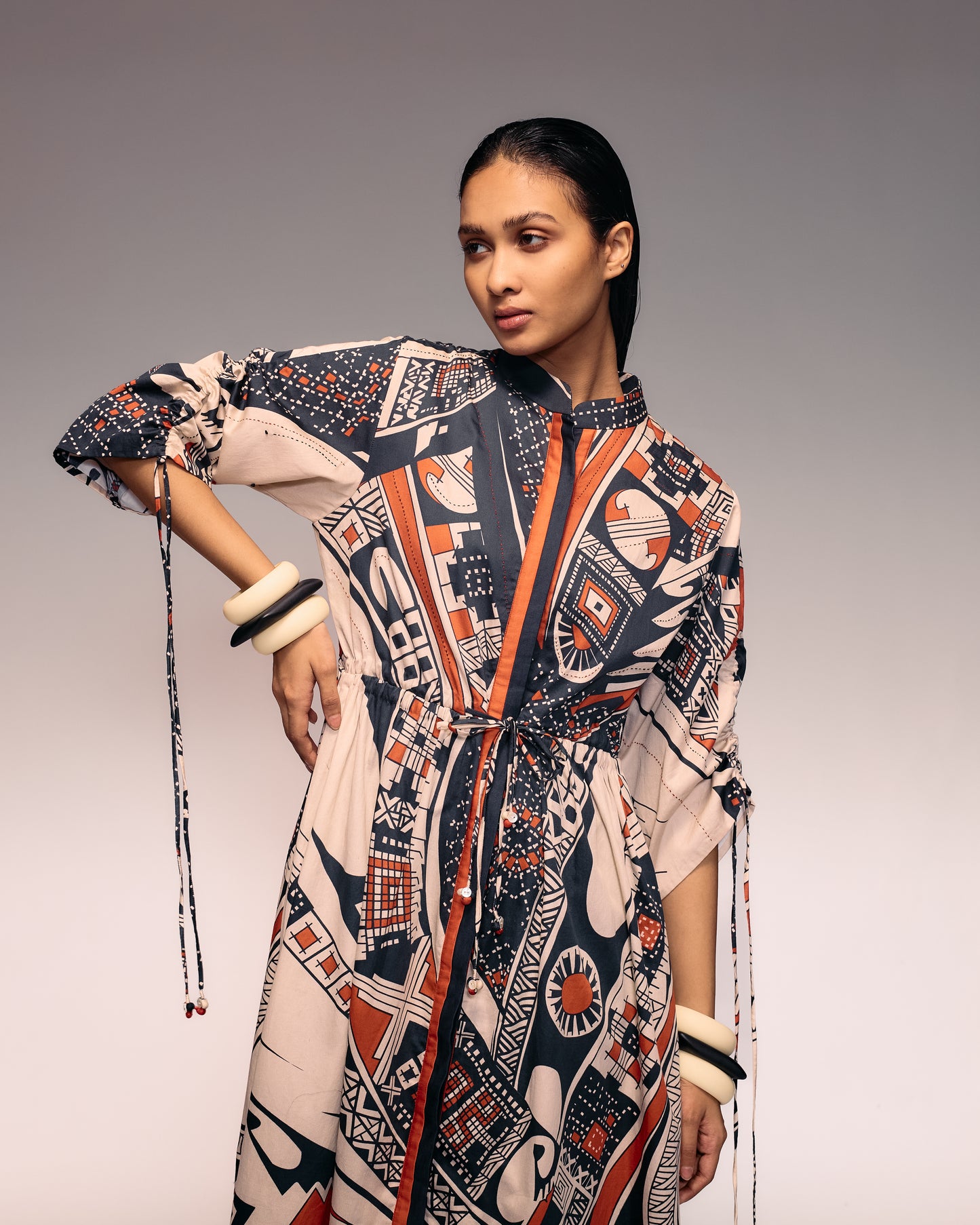 Rust Print Drawstring Dress