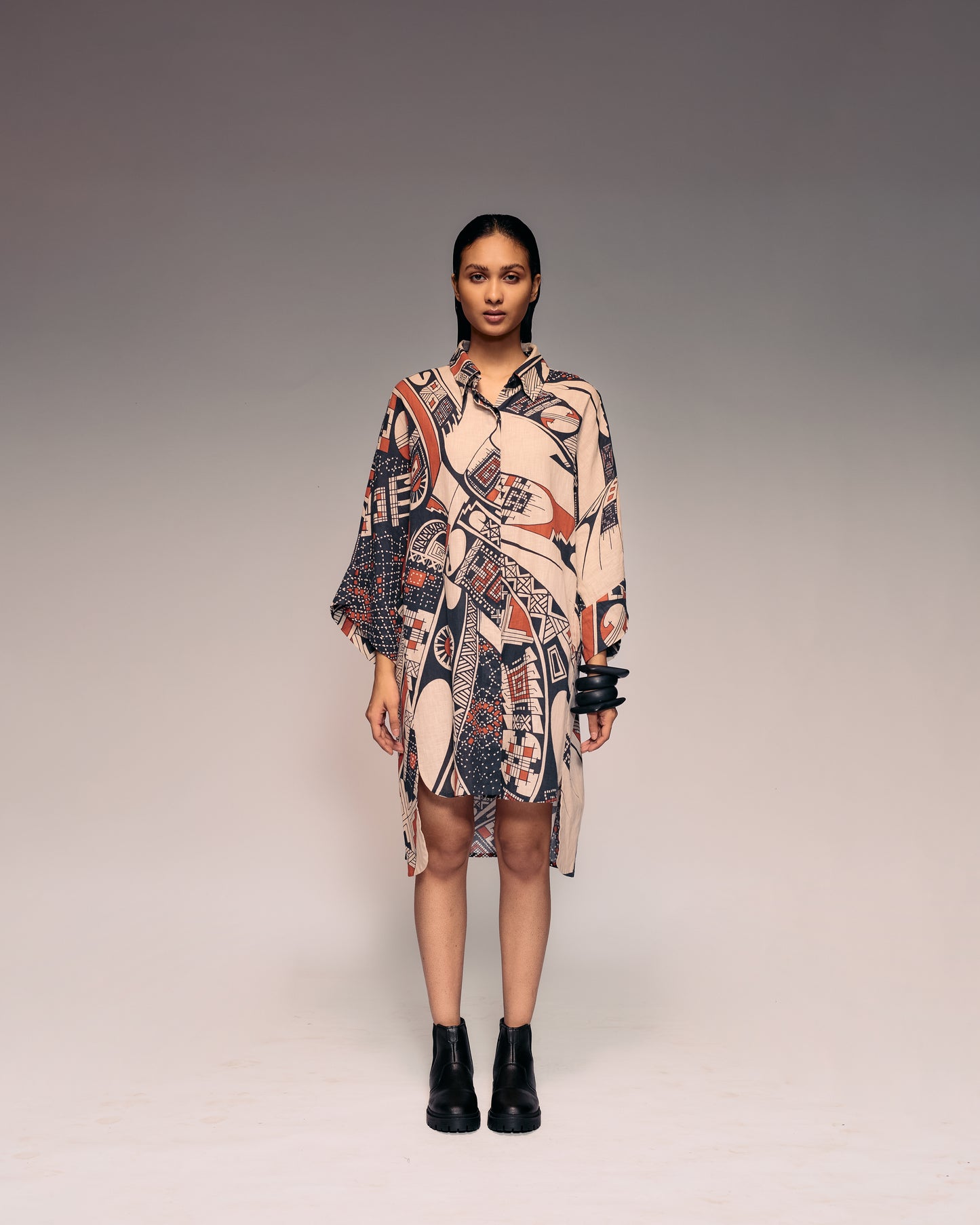 Rust Print Linen Shirt Dress