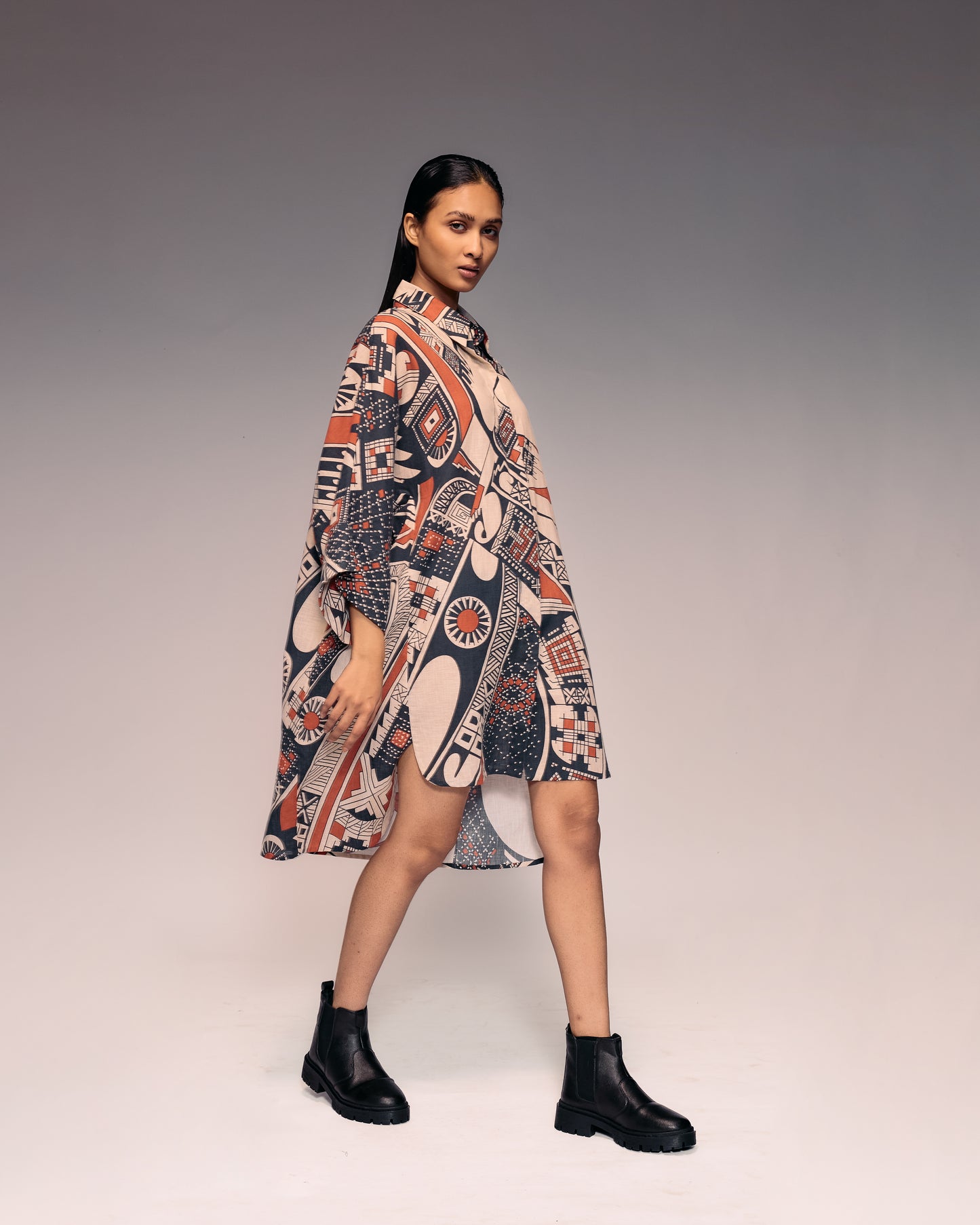 Rust Print Linen Shirt Dress