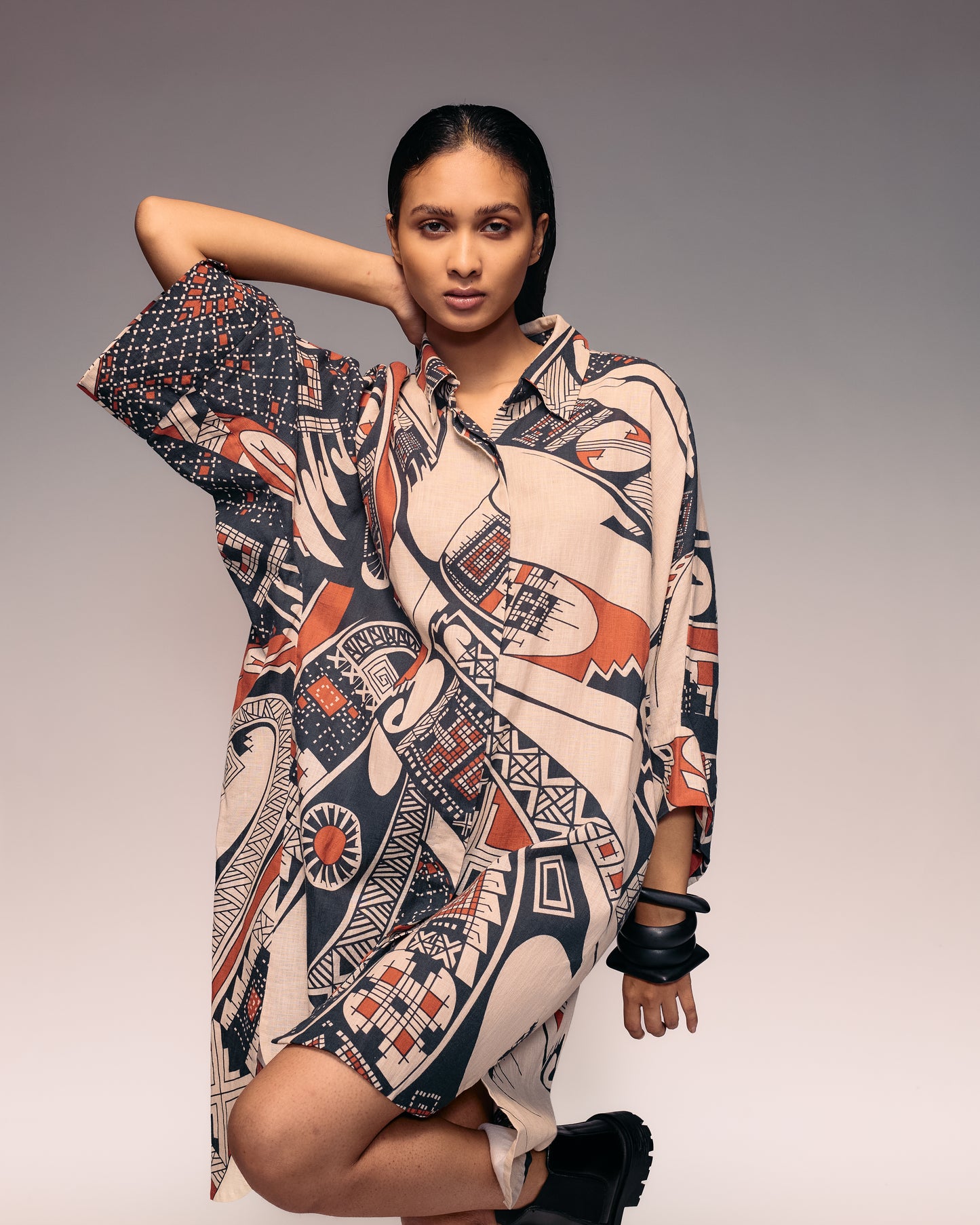 Rust Print Linen Shirt Dress