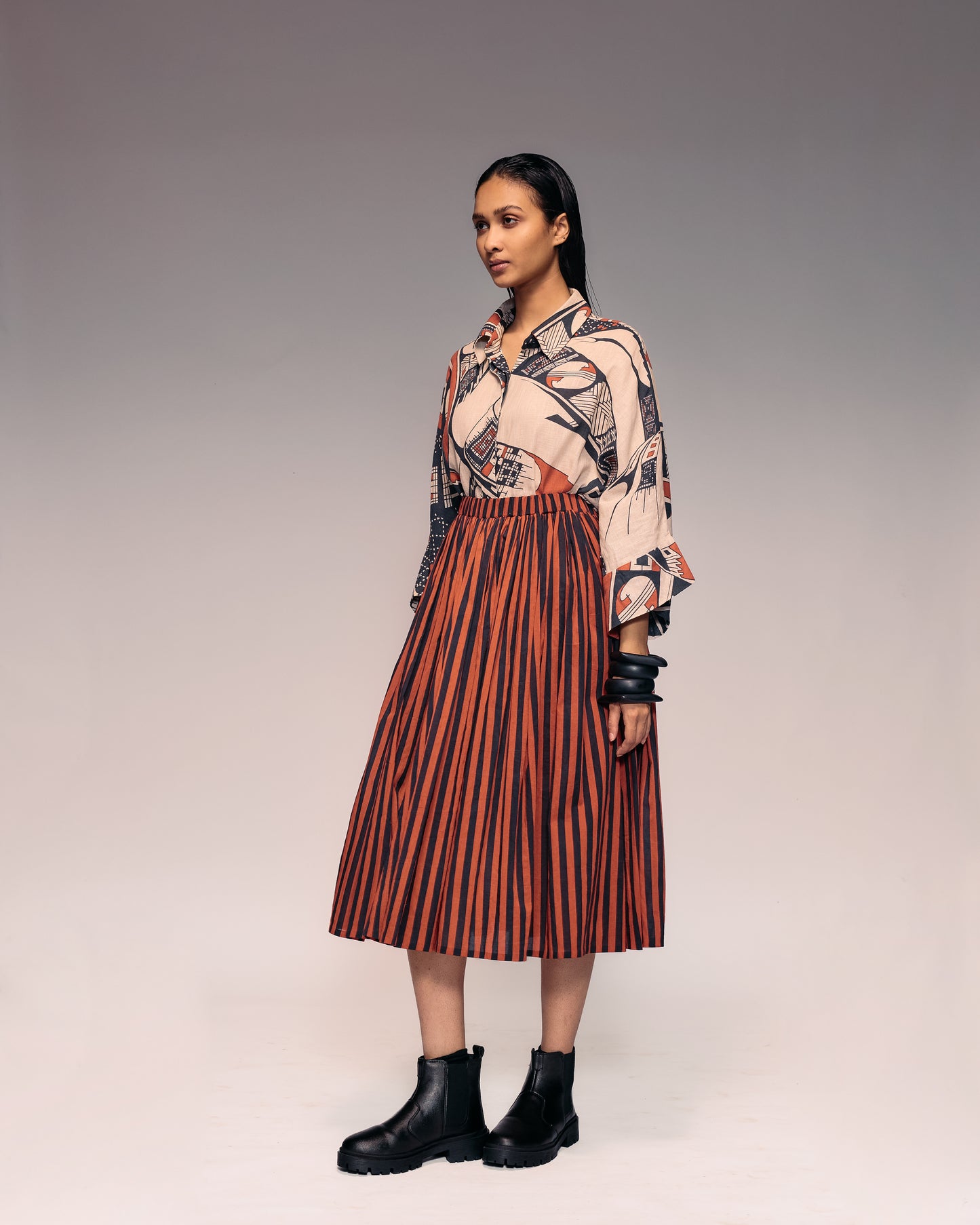 Rust Stripe Gathered Skirt