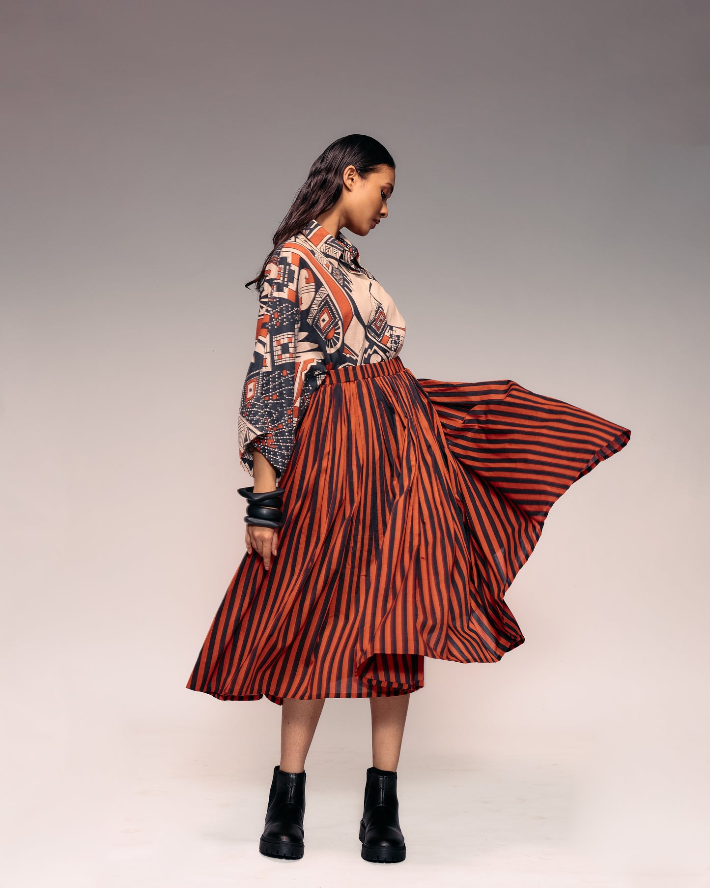 Rust Stripe Gathered Skirt