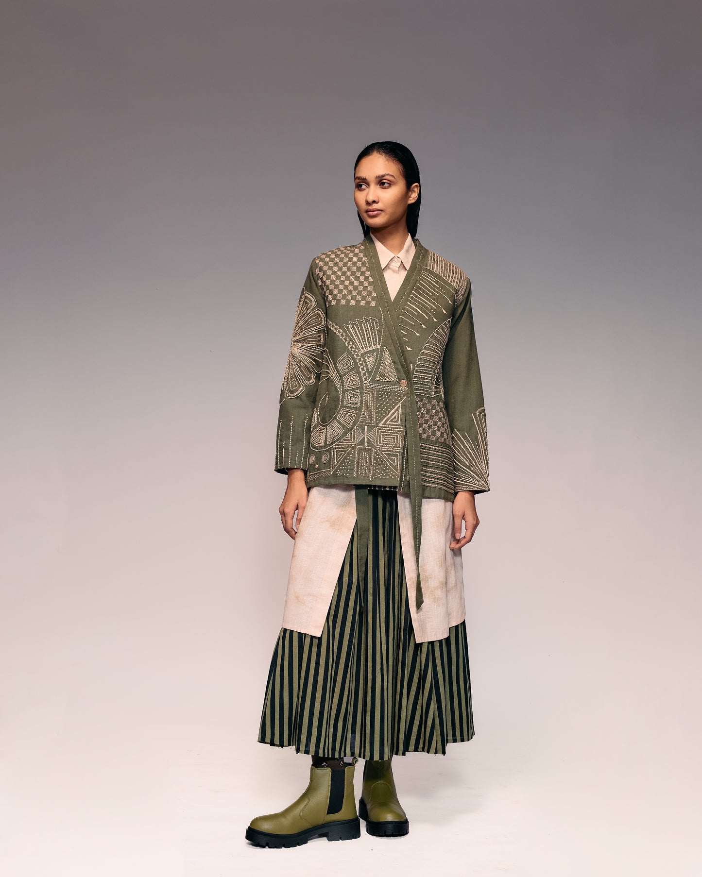 Olive Black Stripe Skirt