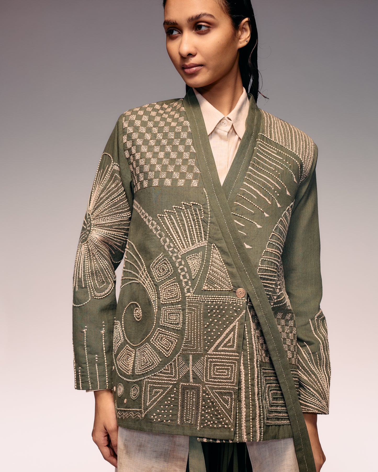 Olive Kantha Embroidered Khadi Jacket