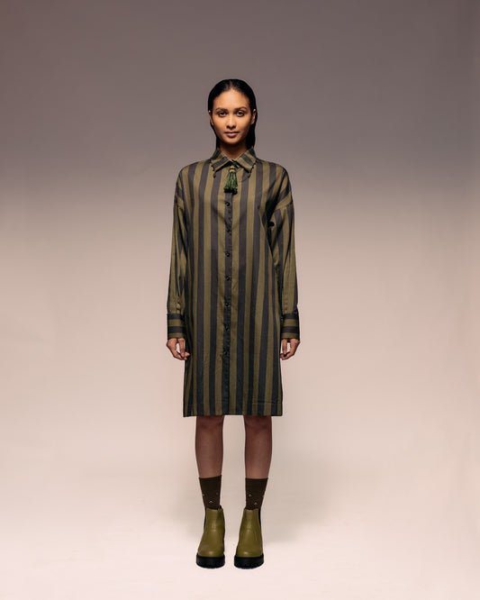 Green Black Stripe Shirt Dress