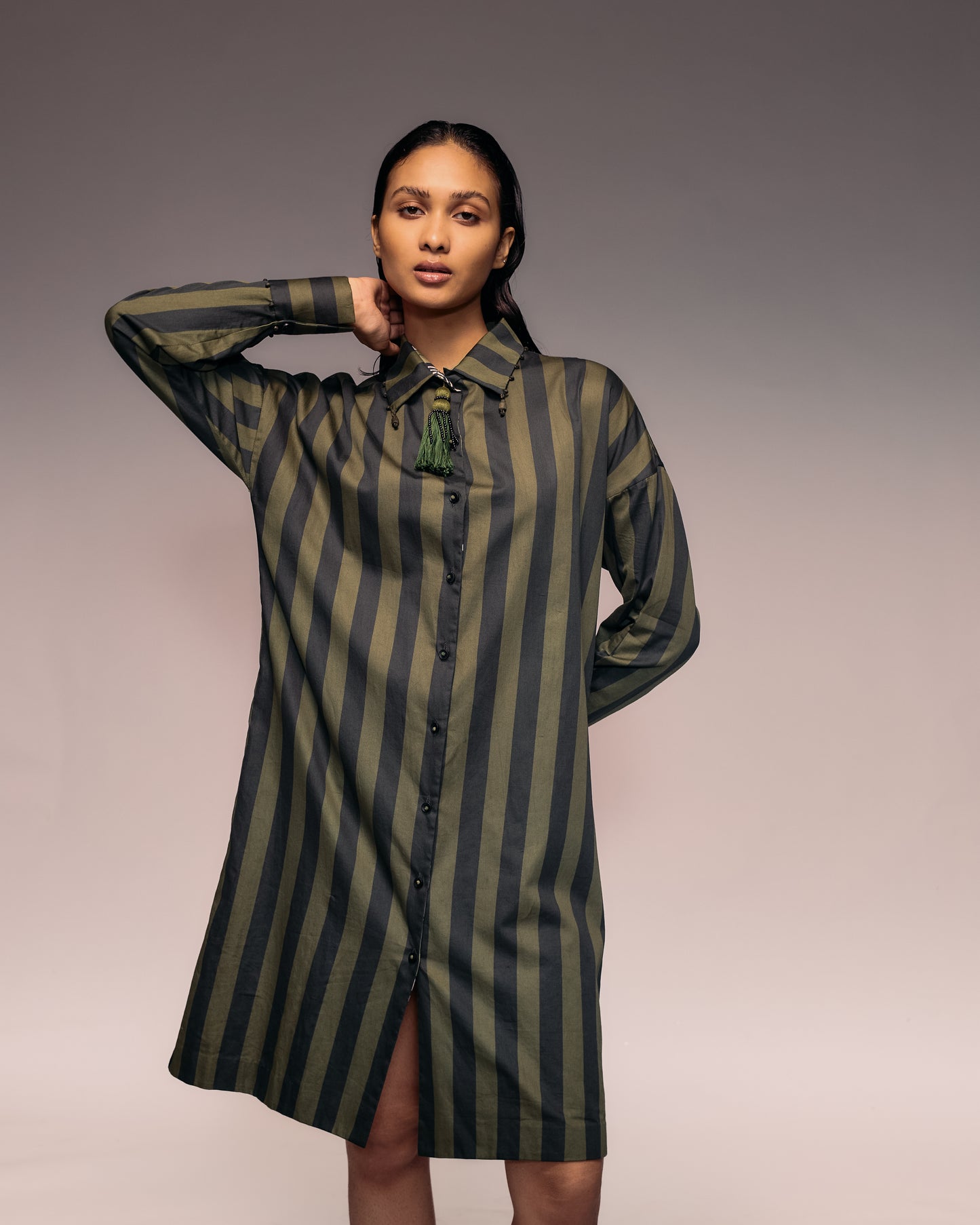 Green Black Stripe Shirt Dress