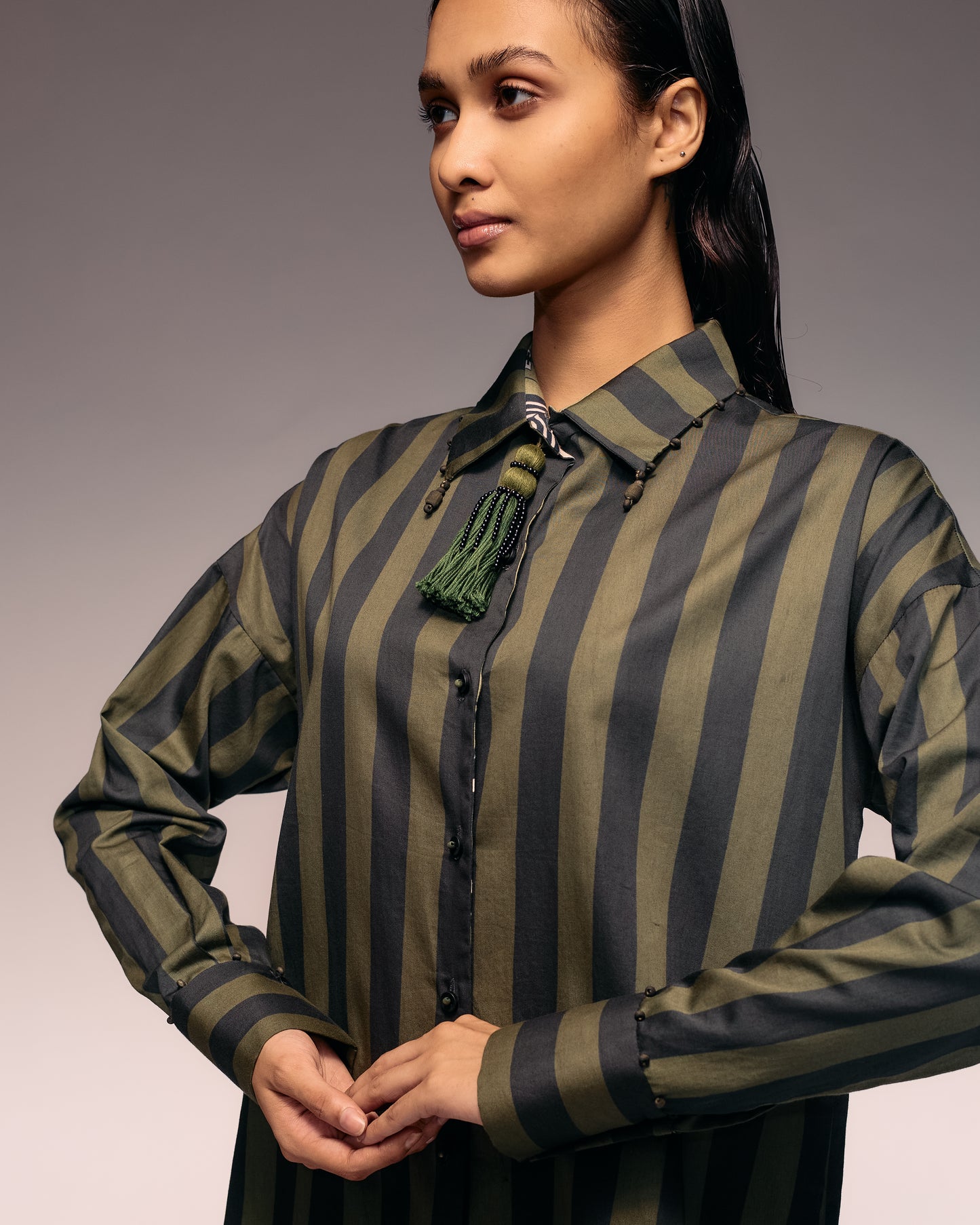 Green Black Stripe Shirt Dress