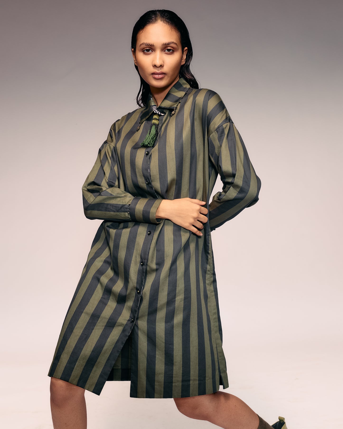 Green Black Stripe Shirt Dress