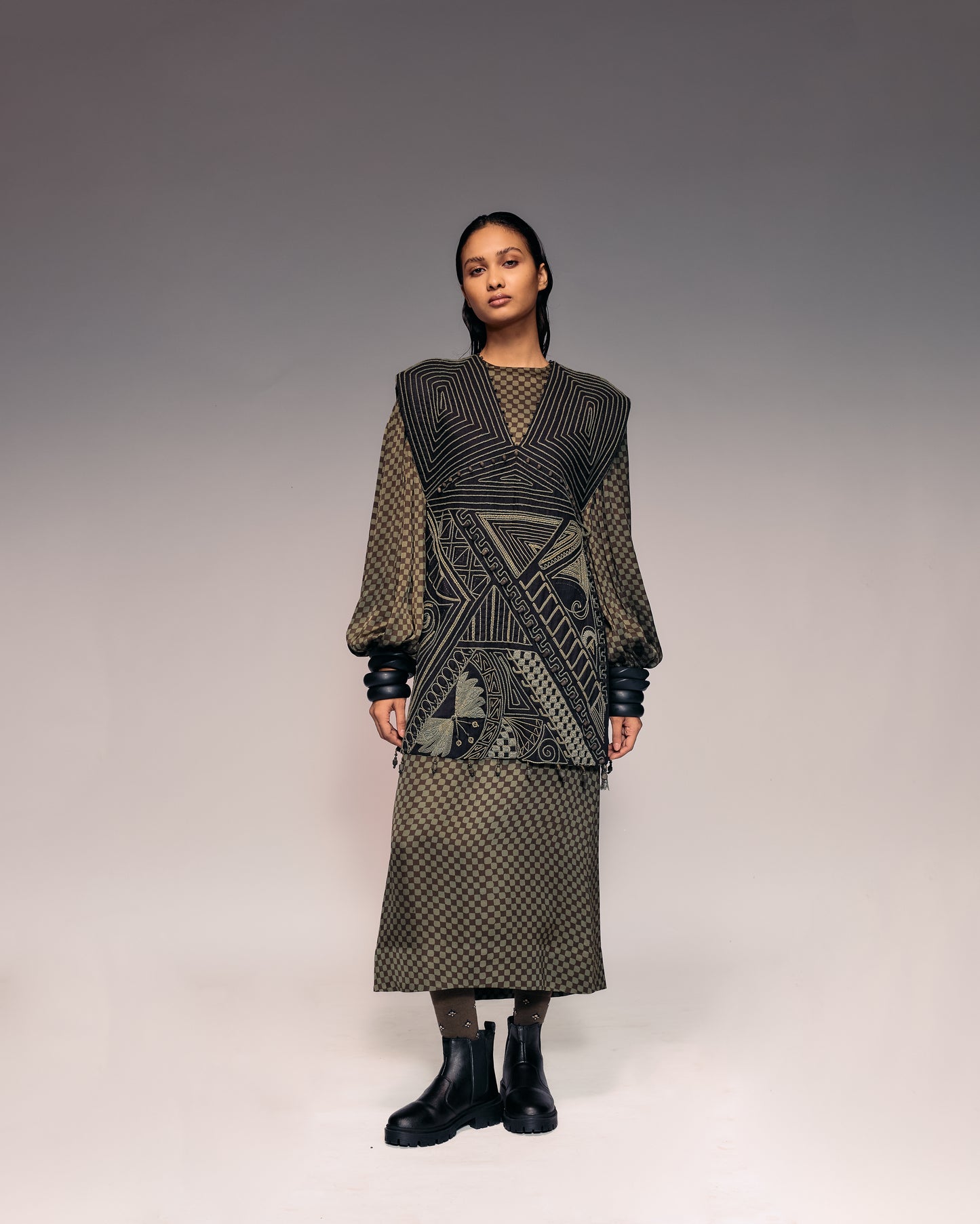 Olive Cord Emb Side Open Dress