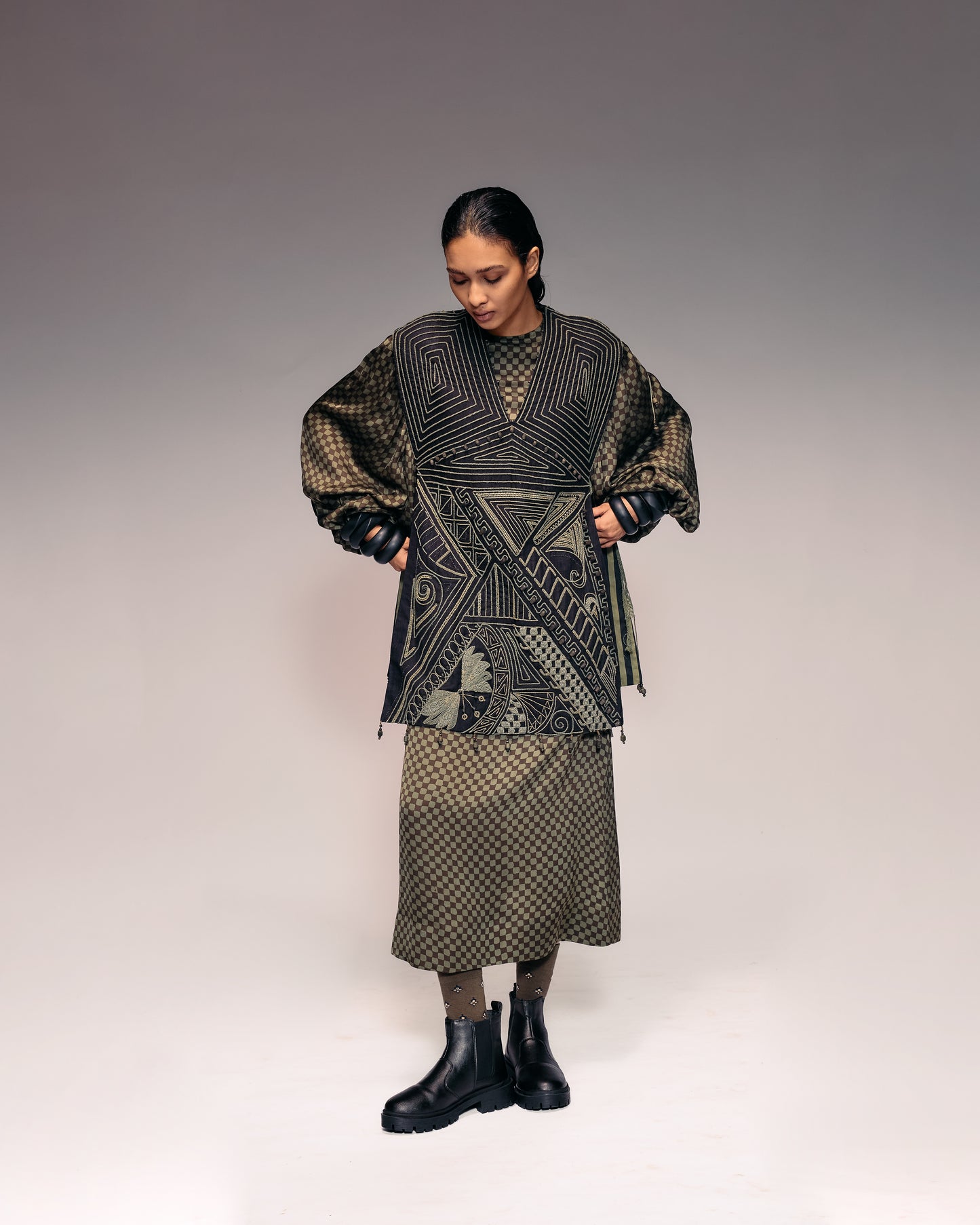 Olive Cord Emb Side Open Dress