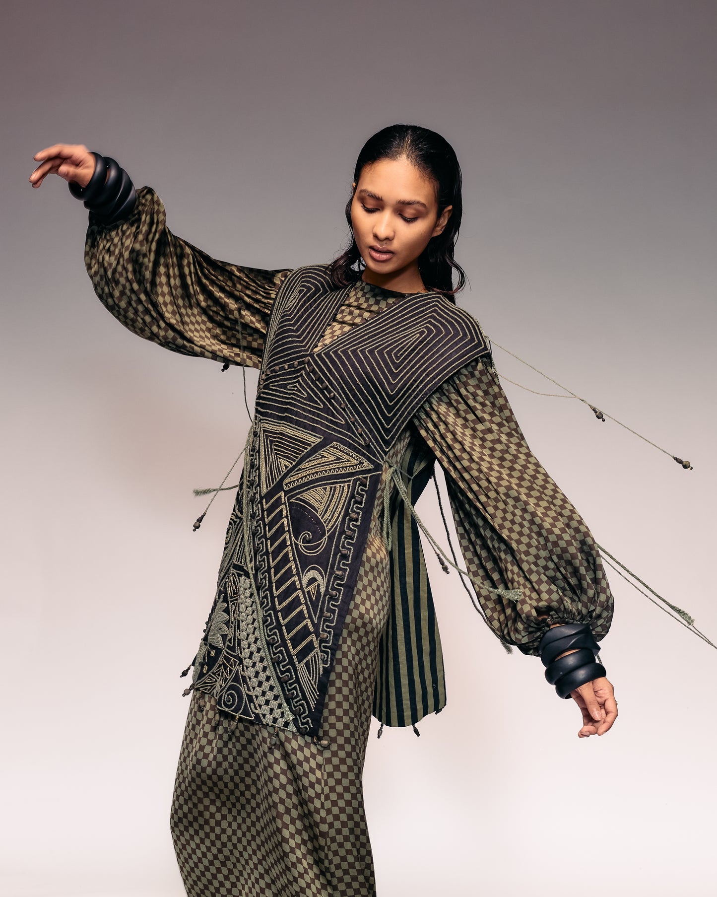 Olive Cord Emb Side Open Dress