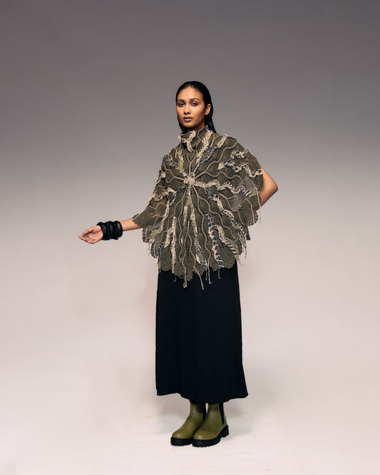 Olive Embroidered Crochet Cape with Knit Midi Dress Set