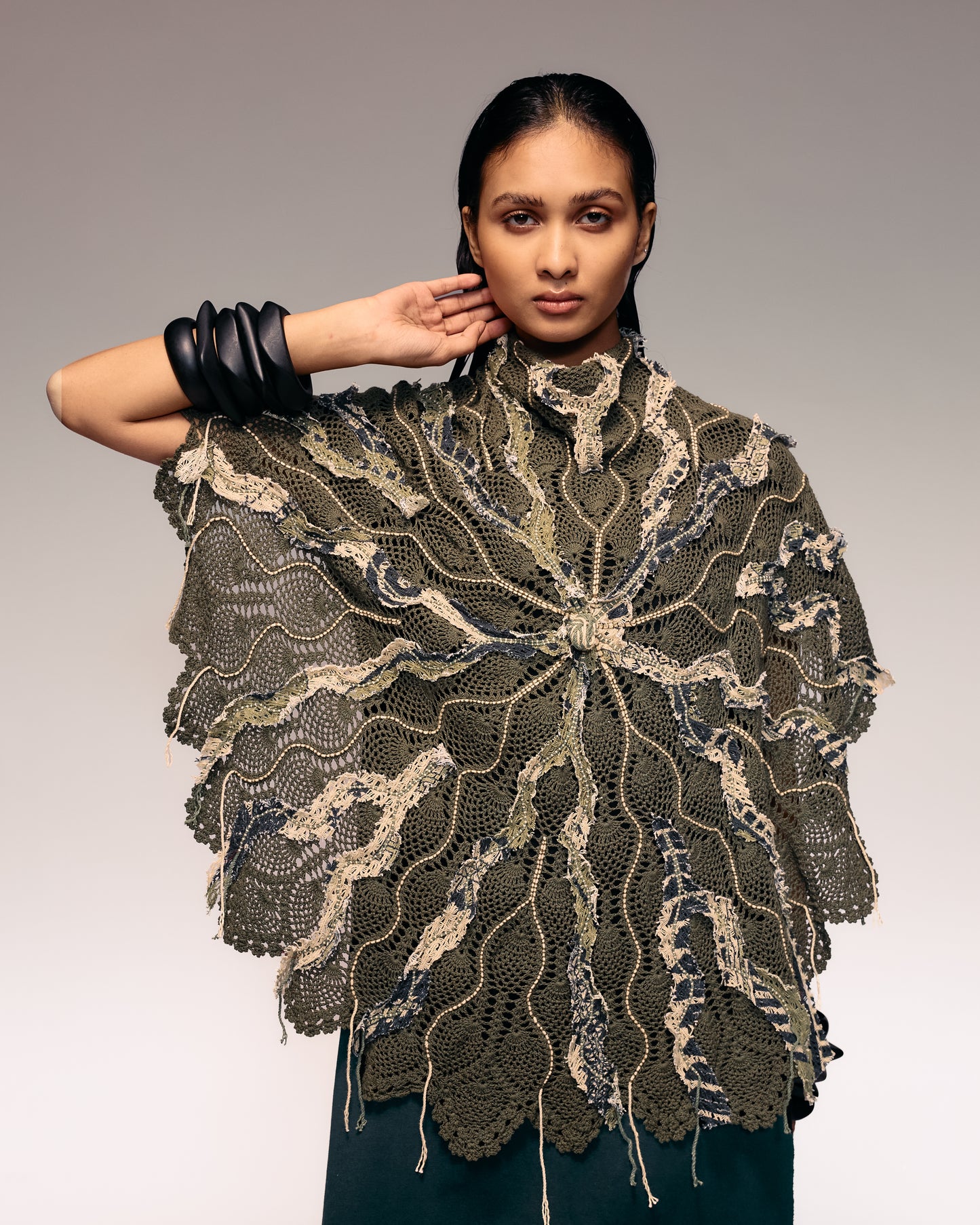 Olive Embroidered Crochet Cape