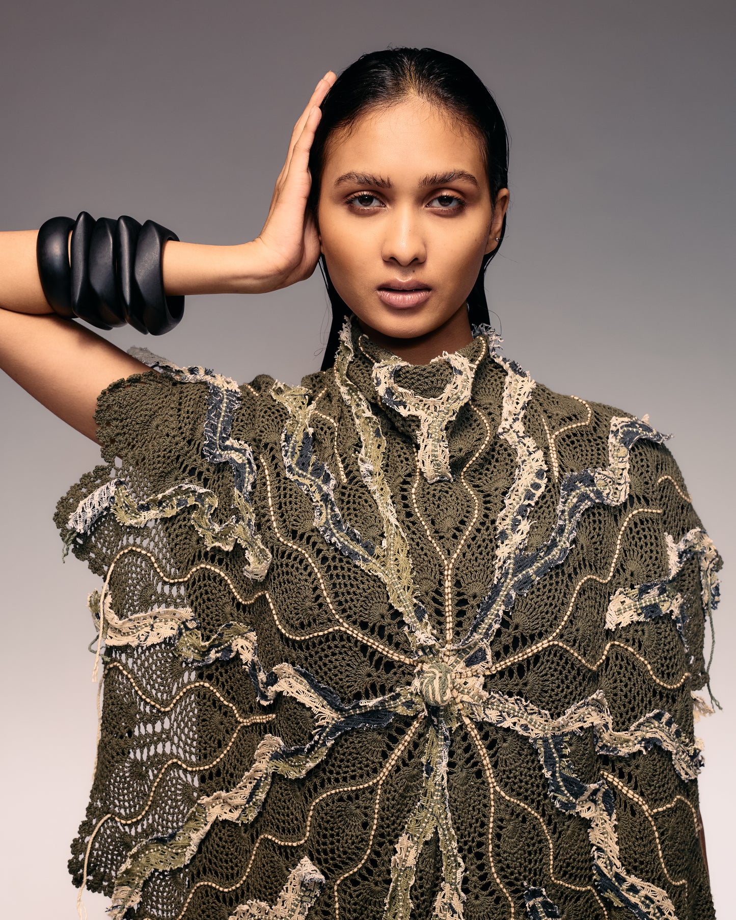 Olive Embroidered Crochet Cape