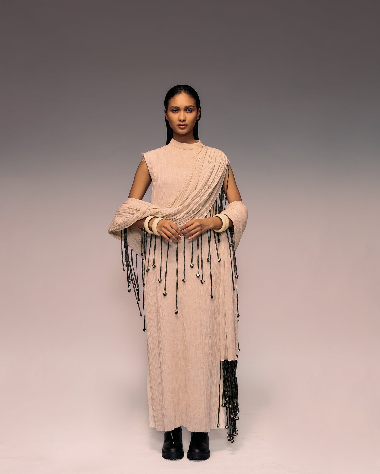 Ivory Crushed Tassel Scarf Dress