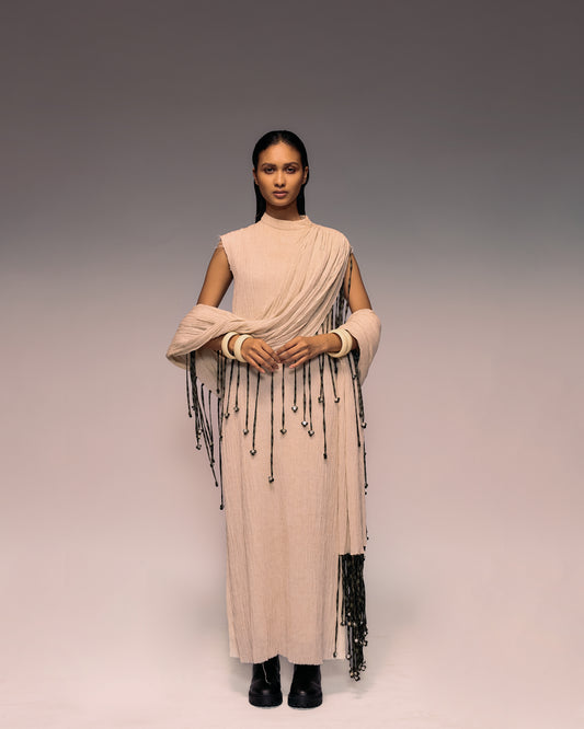 Ivory Crushed Tassel Scarf Dress