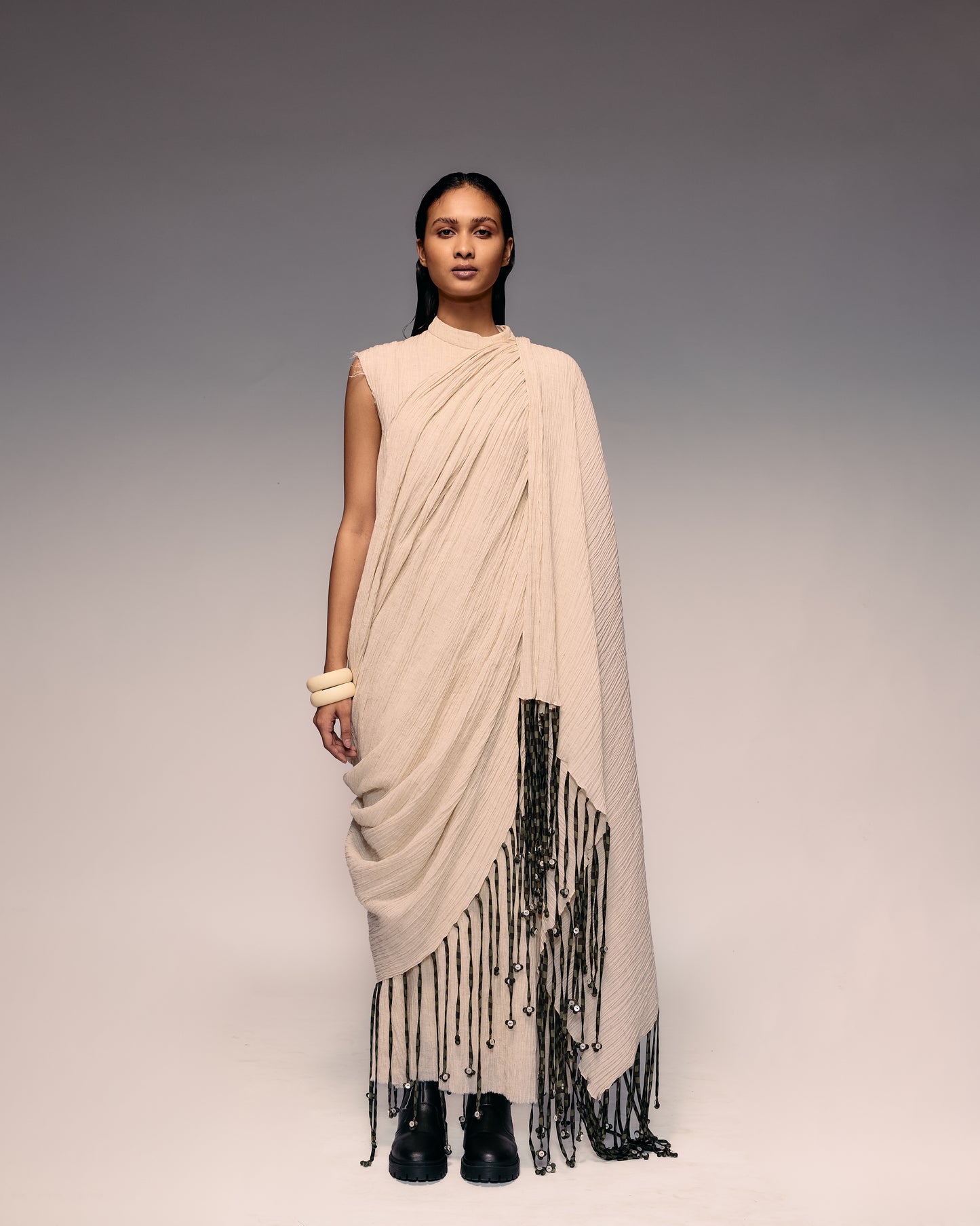Ivory Crushed Tassel Scarf Dress