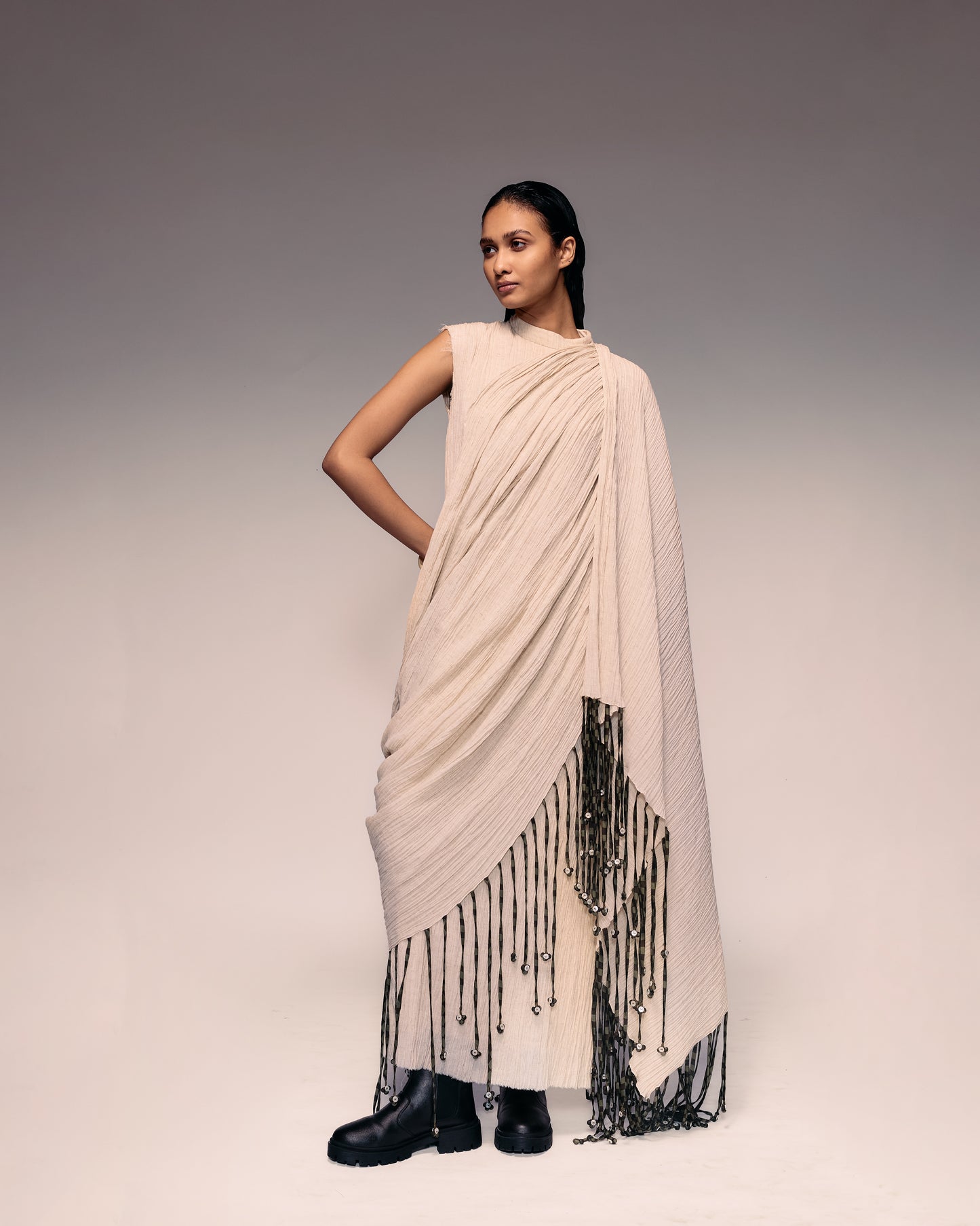 Ivory Crushed Tassel Scarf Dress