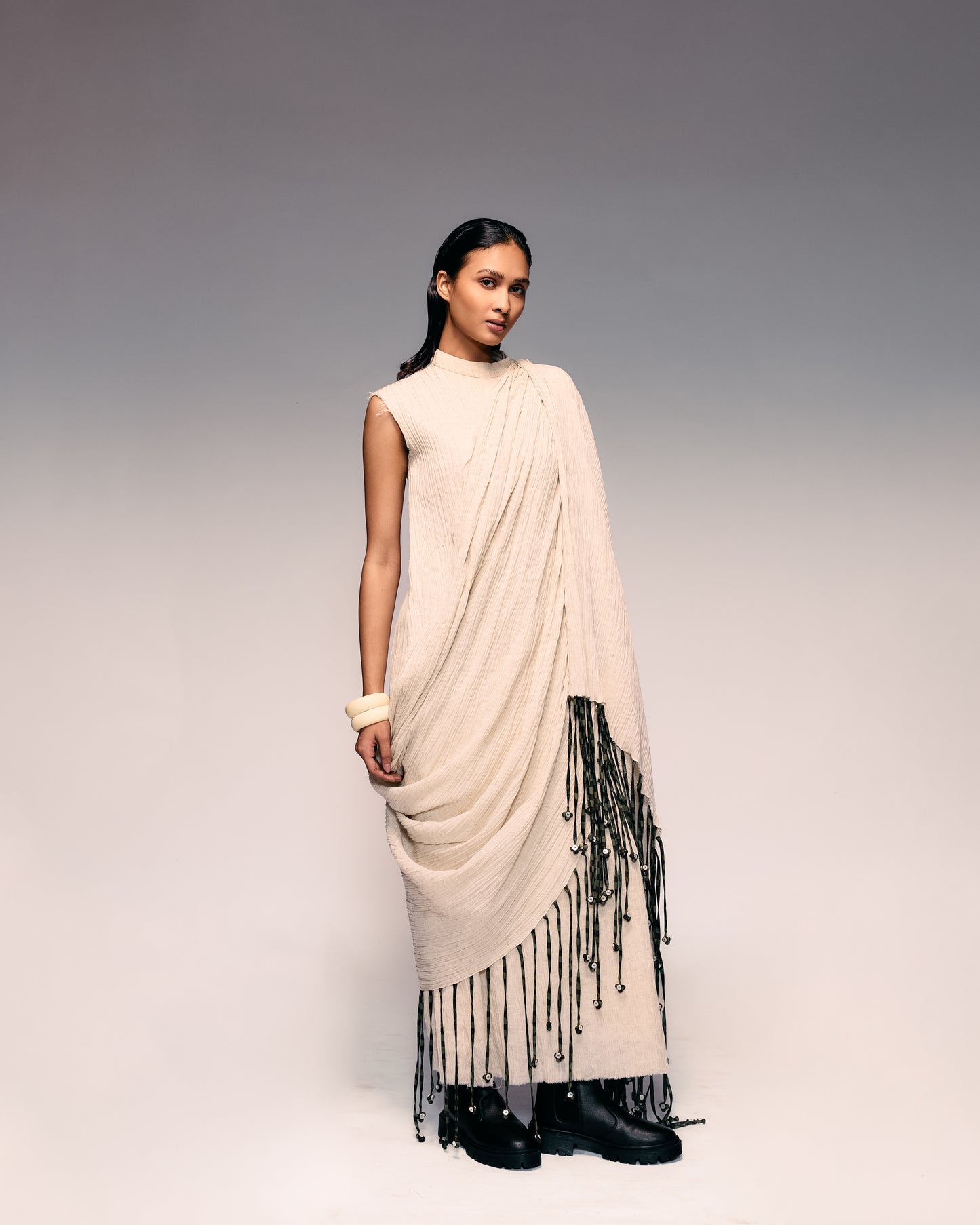 Ivory Crushed Tassel Scarf Dress