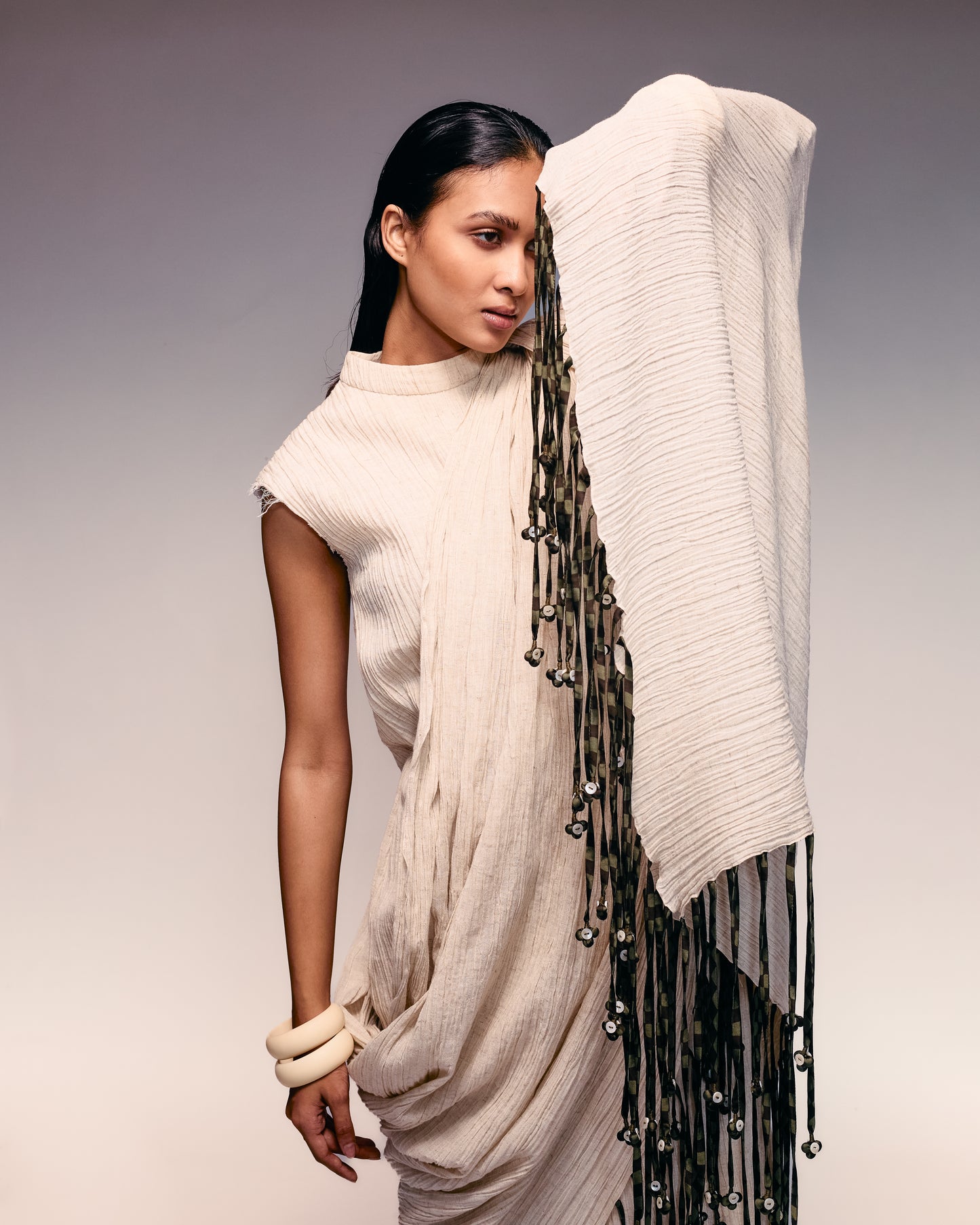 Ivory Crushed Tassel Scarf Dress