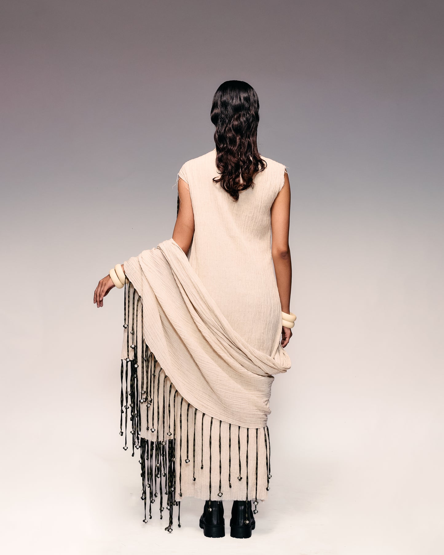 Ivory Crushed Tassel Scarf Dress