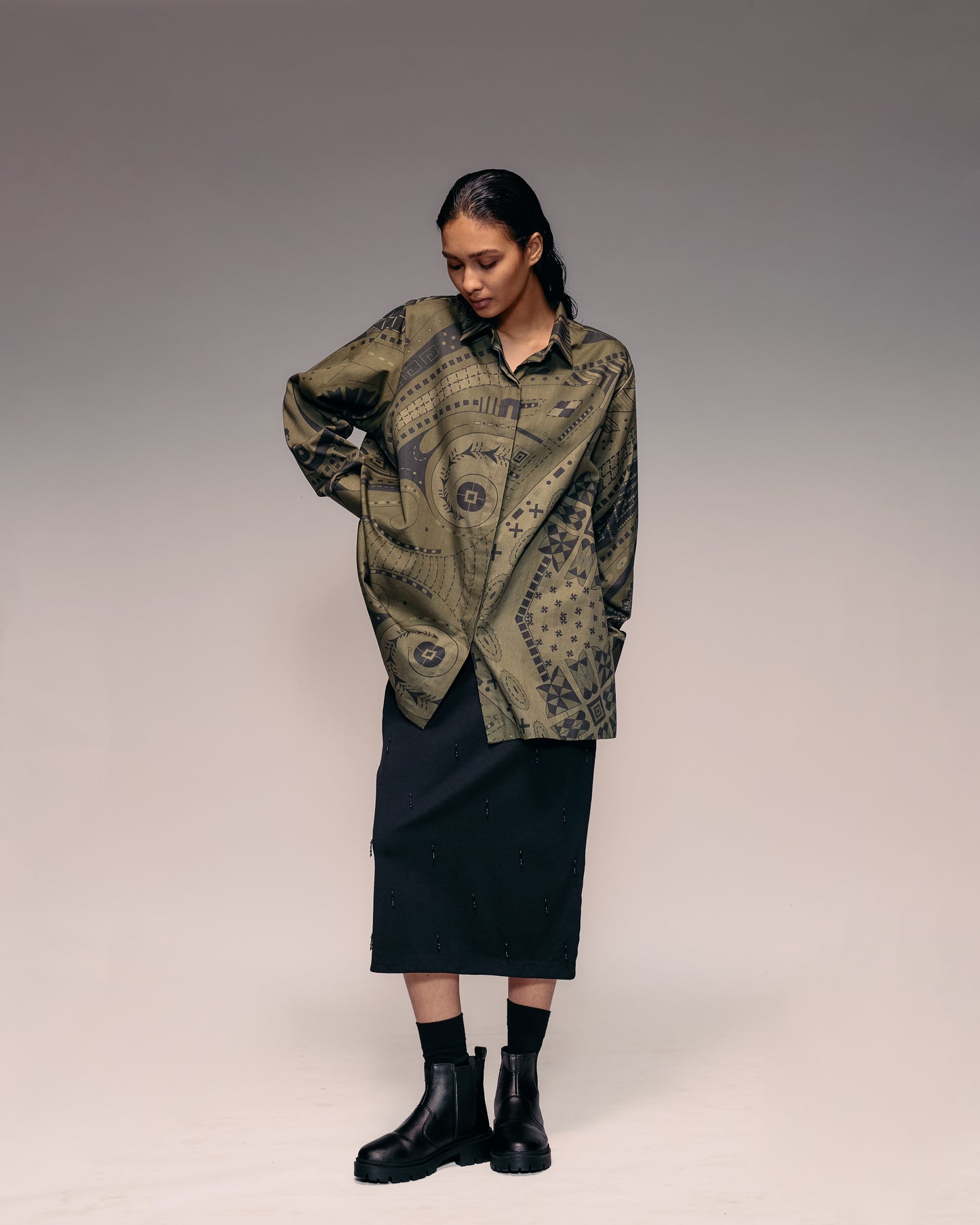 Olive Print Oversized Shirt