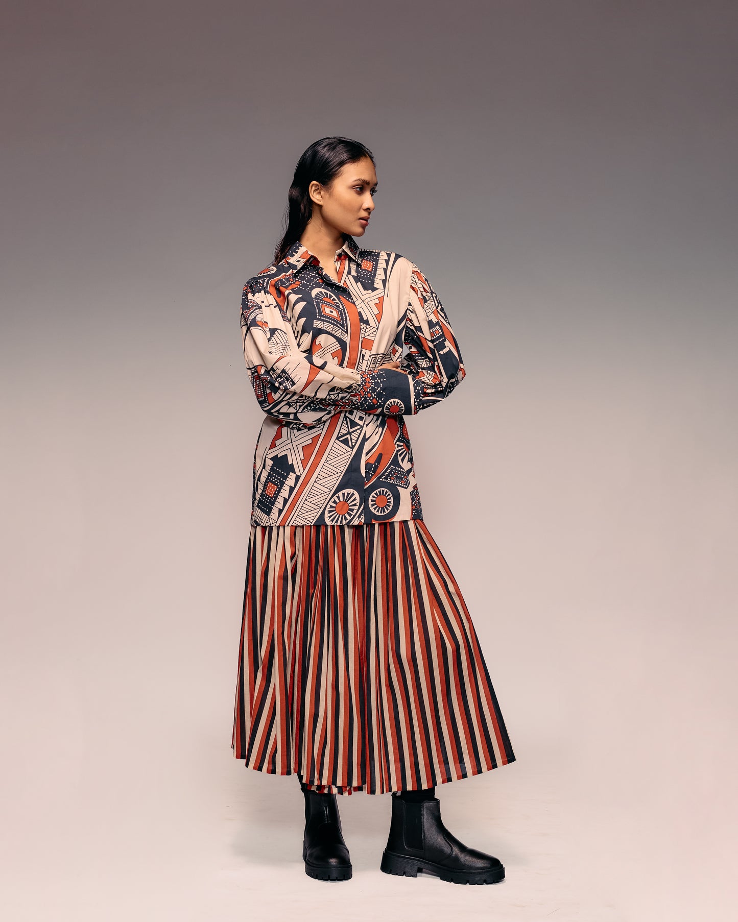 Rust Black Beige Stripe Gathered Skirt