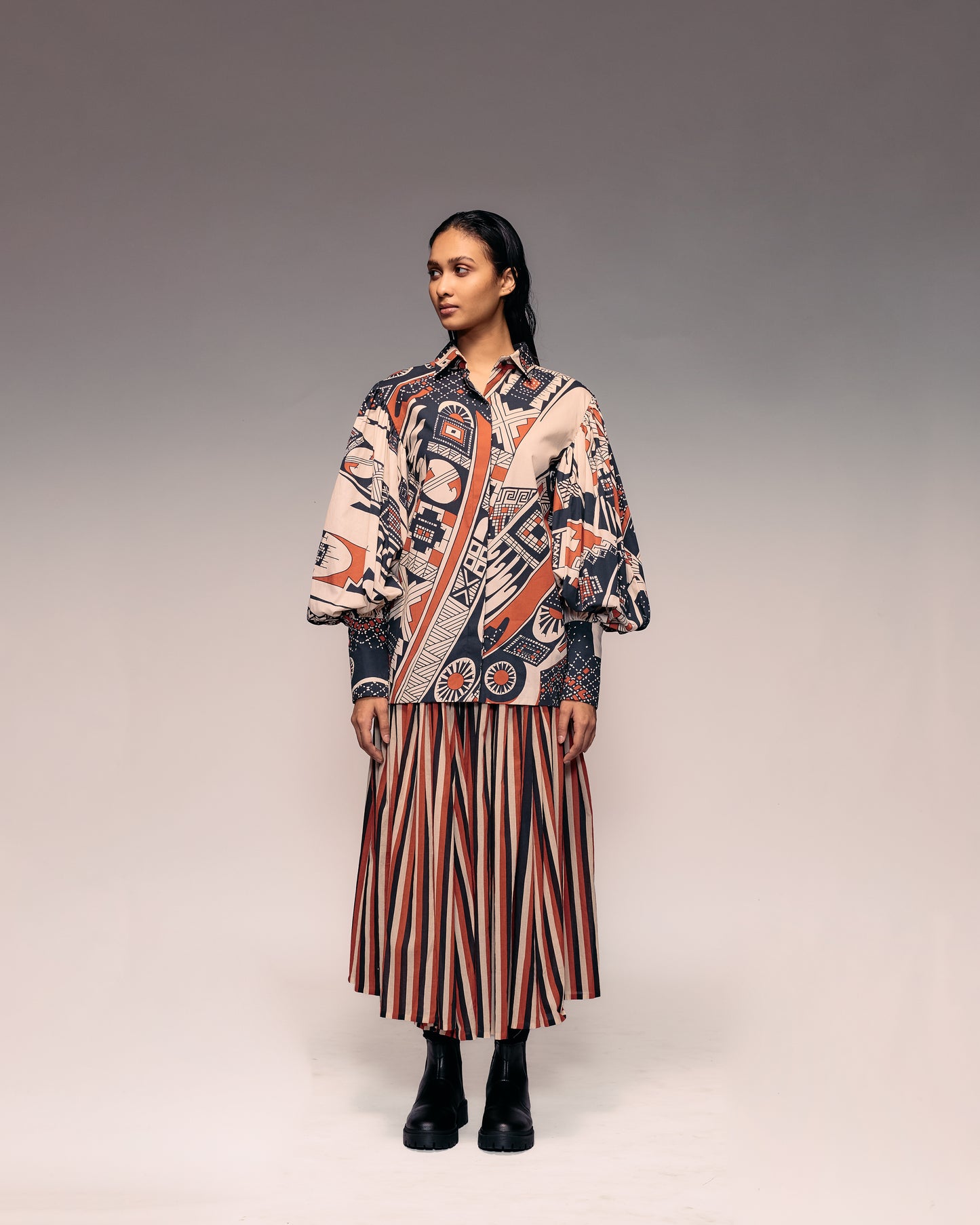 Rust Black Beige Stripe Gathered Skirt