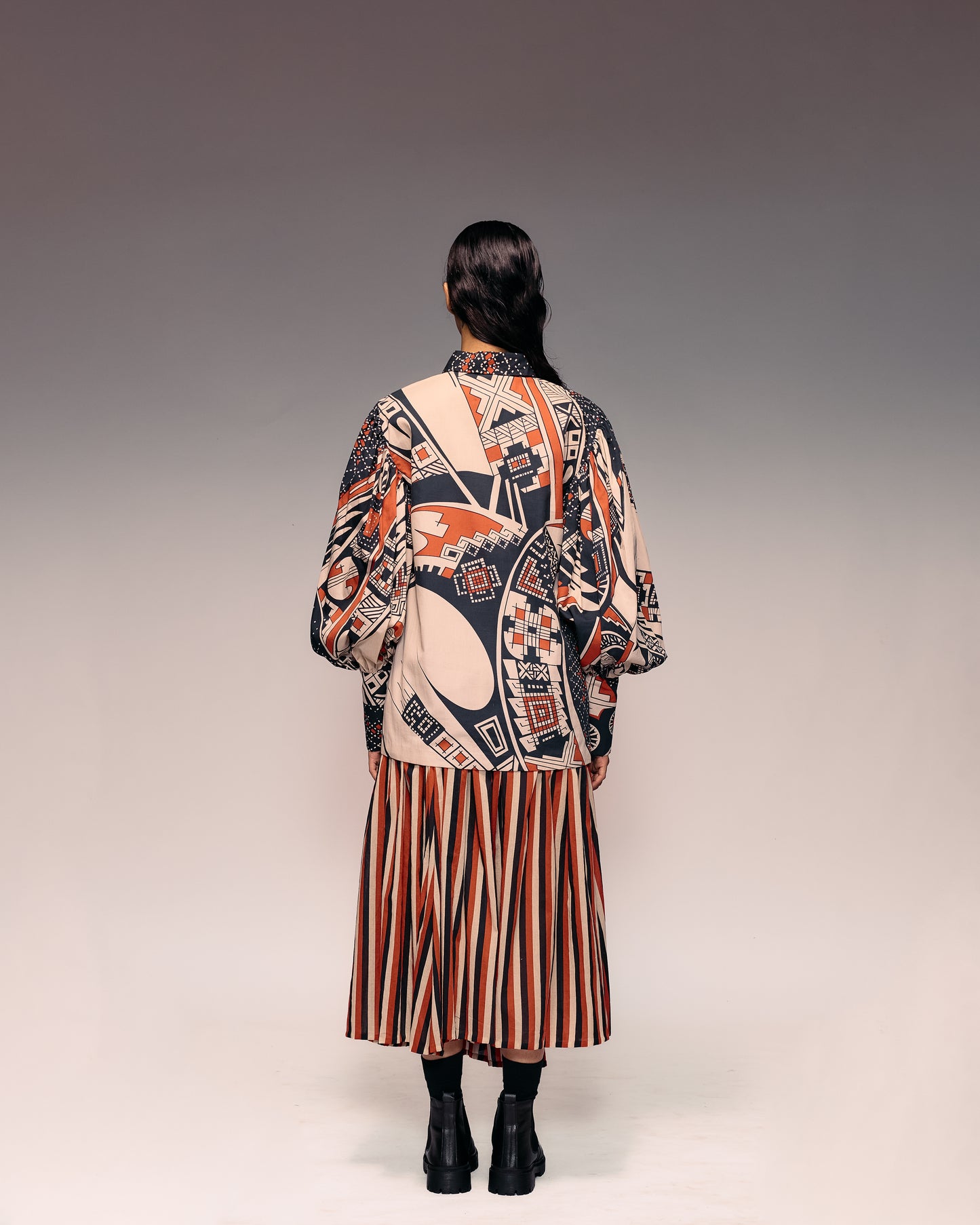 Rust Black Beige Stripe Gathered Skirt